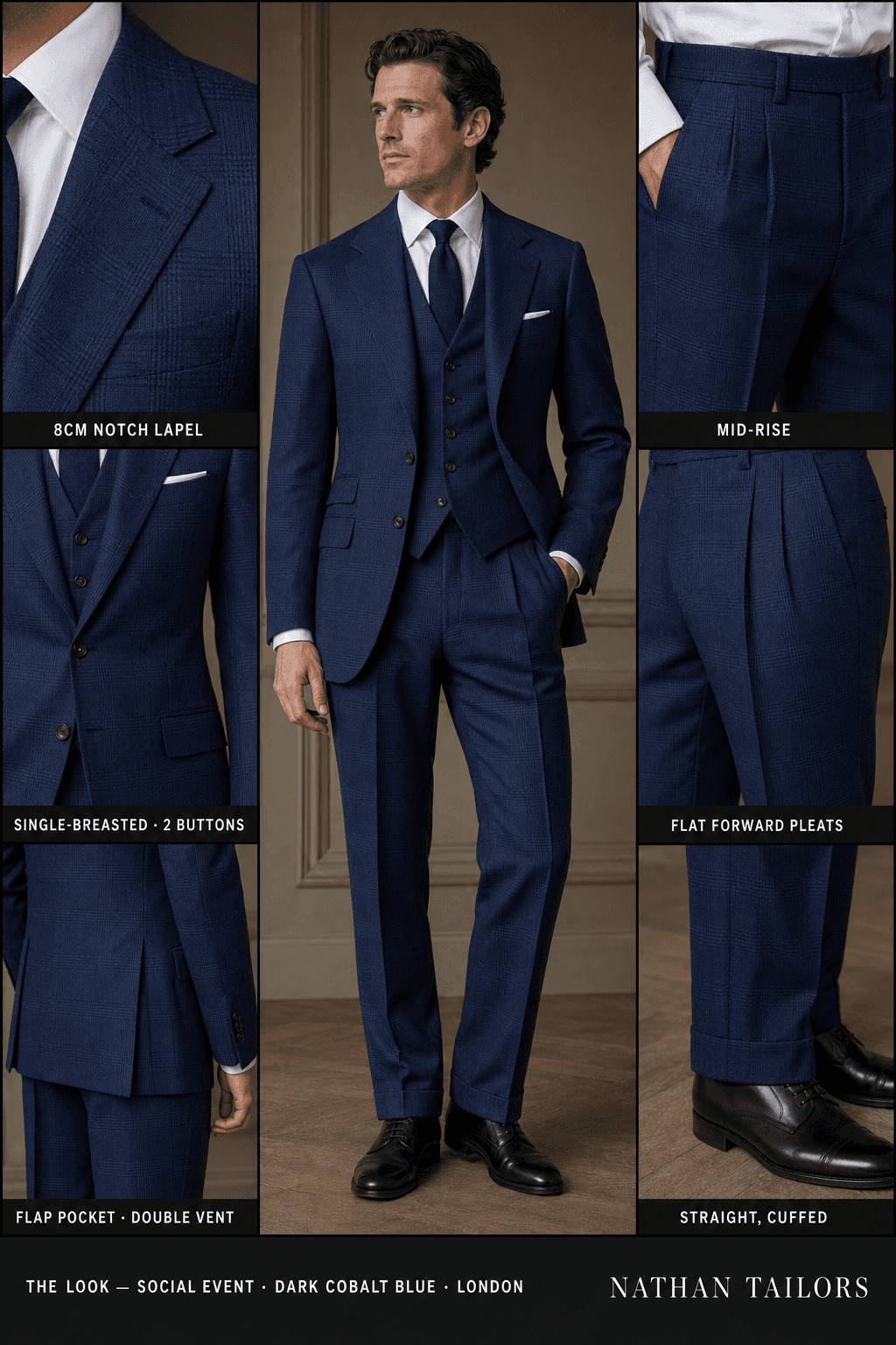 Dark cobalt blue glen plaid single-breasted notch-lapel online custom suit — designed online at RemoteSuit. Made-to-measure online custom suit available from $109.