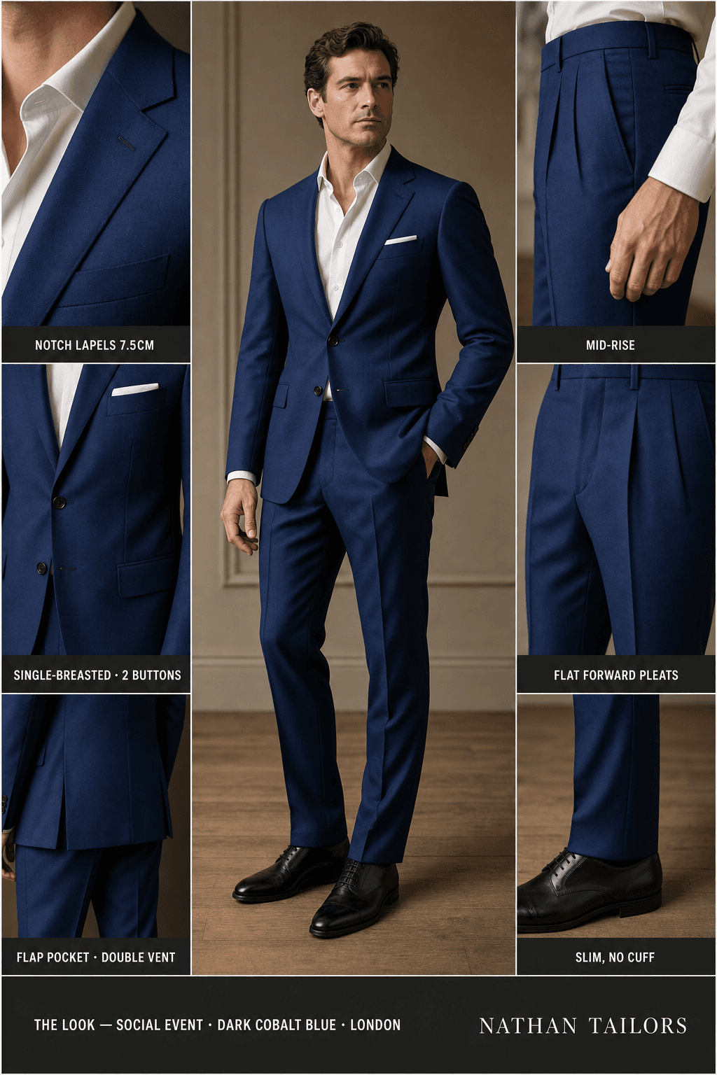 Dark cobalt blue single-breasted notch-lapel online custom suit — designed online at RemoteSuit. Made-to-measure online custom suit available from $109.