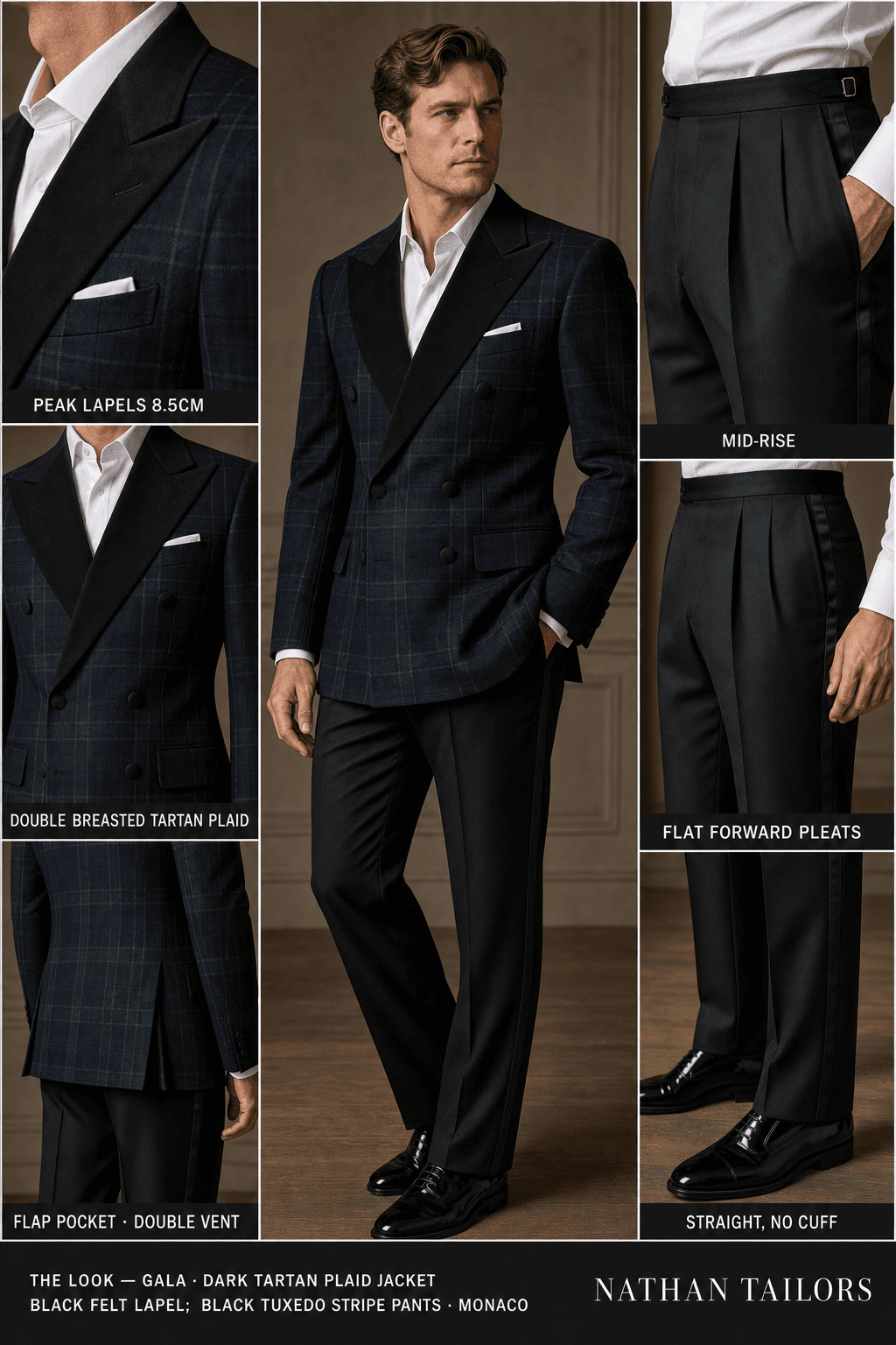 Dark Tartan plaid jacket black felt lapel; black tuxedo stripe pants single-breasted peak-lapel online custom suit — designed online at RemoteSuit. Made-to-measure online custom suit available from $109.