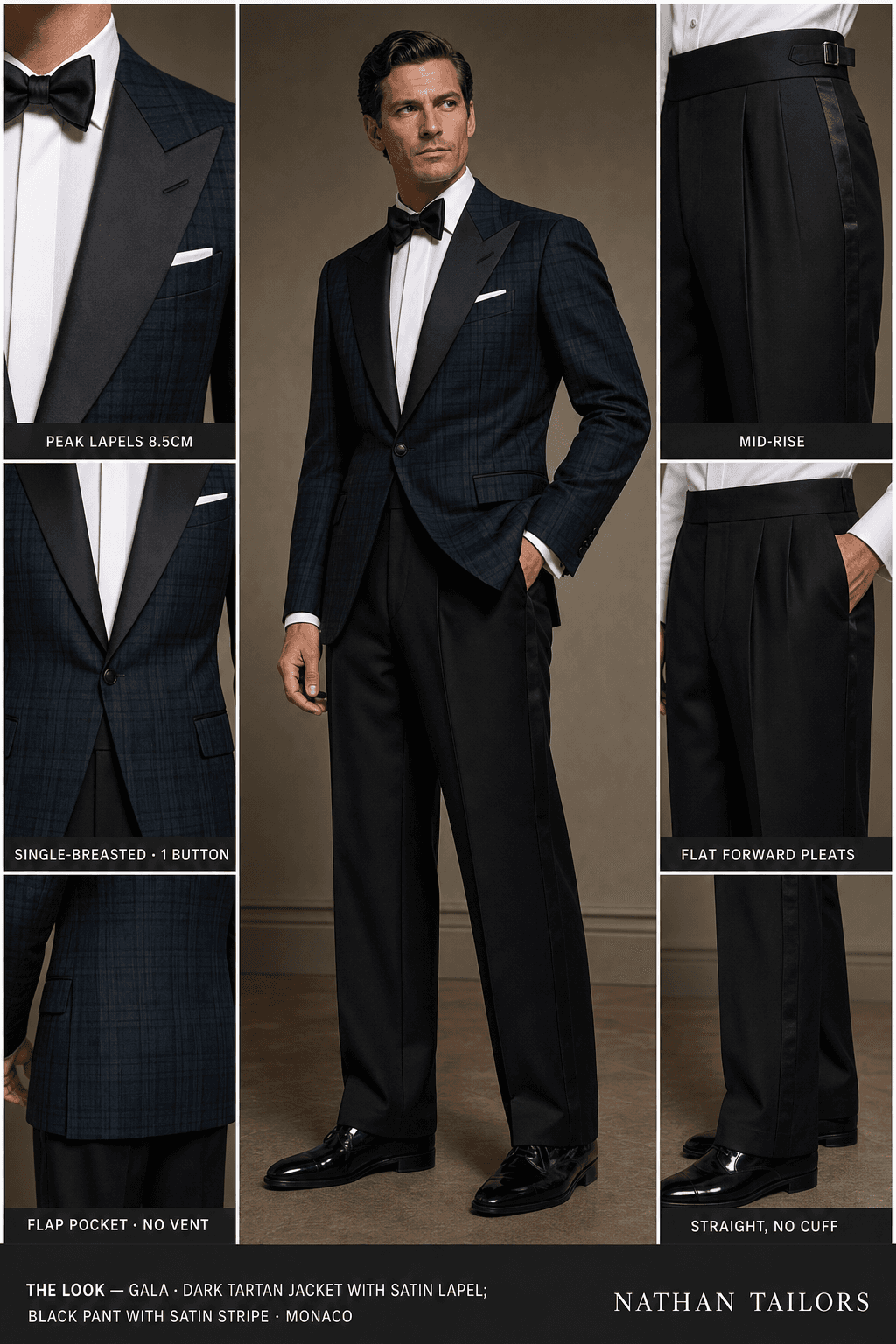 Dark tartan jacket with satin lapel; black pant with satin stripe single-breasted peak-lapel online custom suit — designed online at RemoteSuit. Made-to-measure online custom suit available from $109.