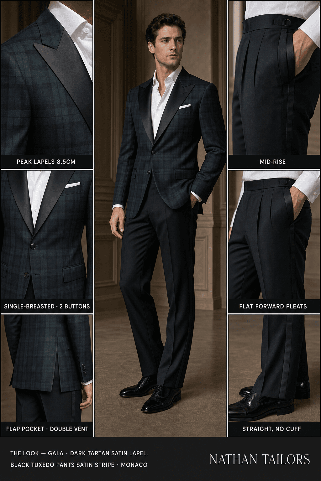 Dark tartan satin lapel. Black tuxedo pants satin stripe single-breasted peak-lapel online custom suit — designed online at RemoteSuit. Made-to-measure online custom suit available from $109.