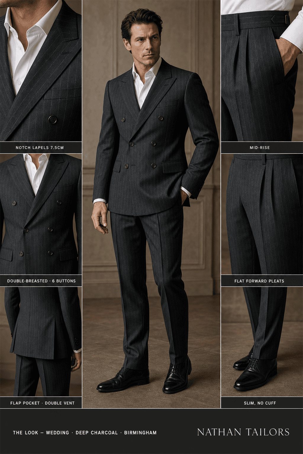 deep charcoal chalk stripe double-breasted notch-lapel online custom suit — designed online at RemoteSuit. Made-to-measure online custom suit available from $129.