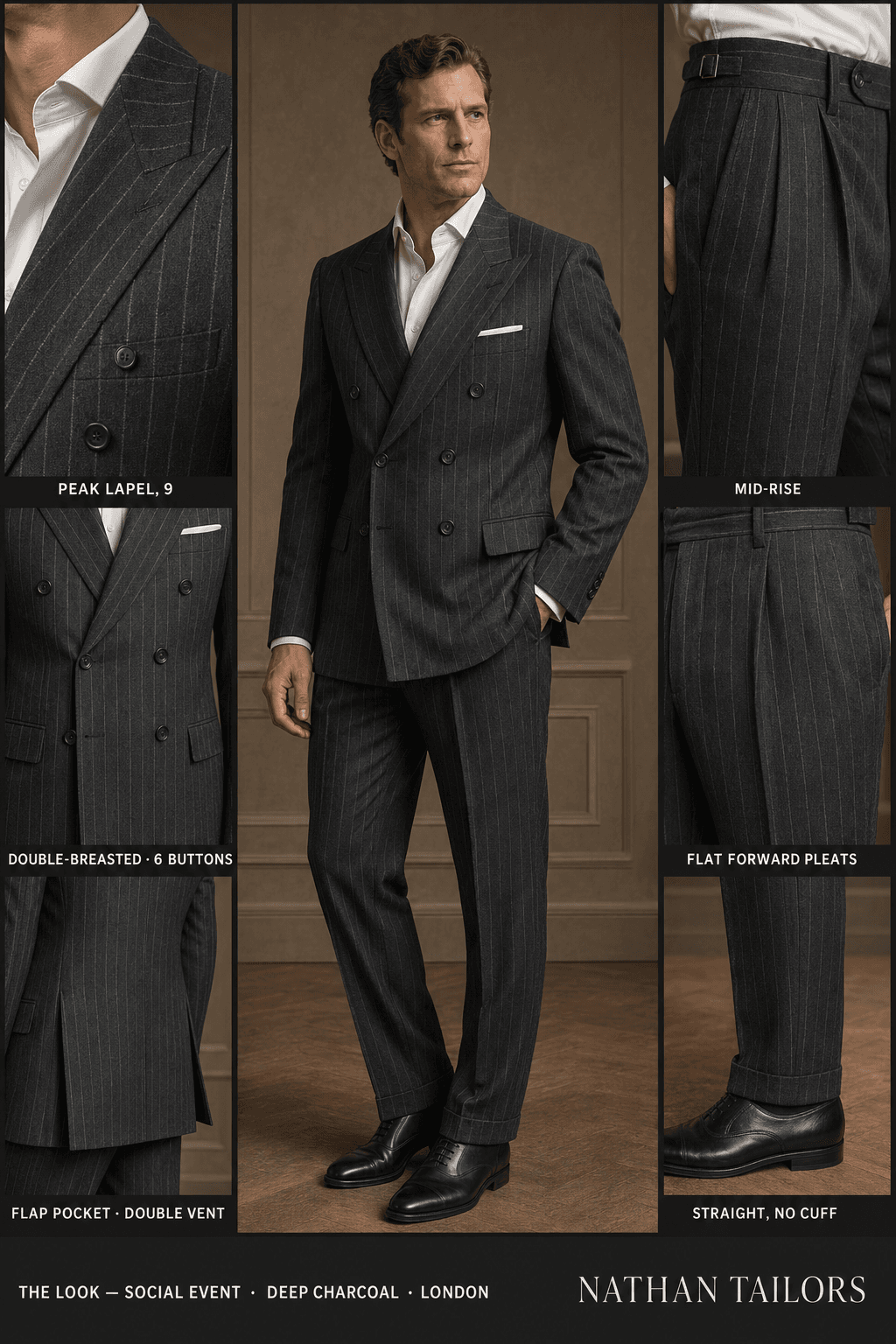 deep charcoal chalk stripe double-breasted notch-lapel online custom suit — designed online at RemoteSuit. Made-to-measure online custom suit available from $109.