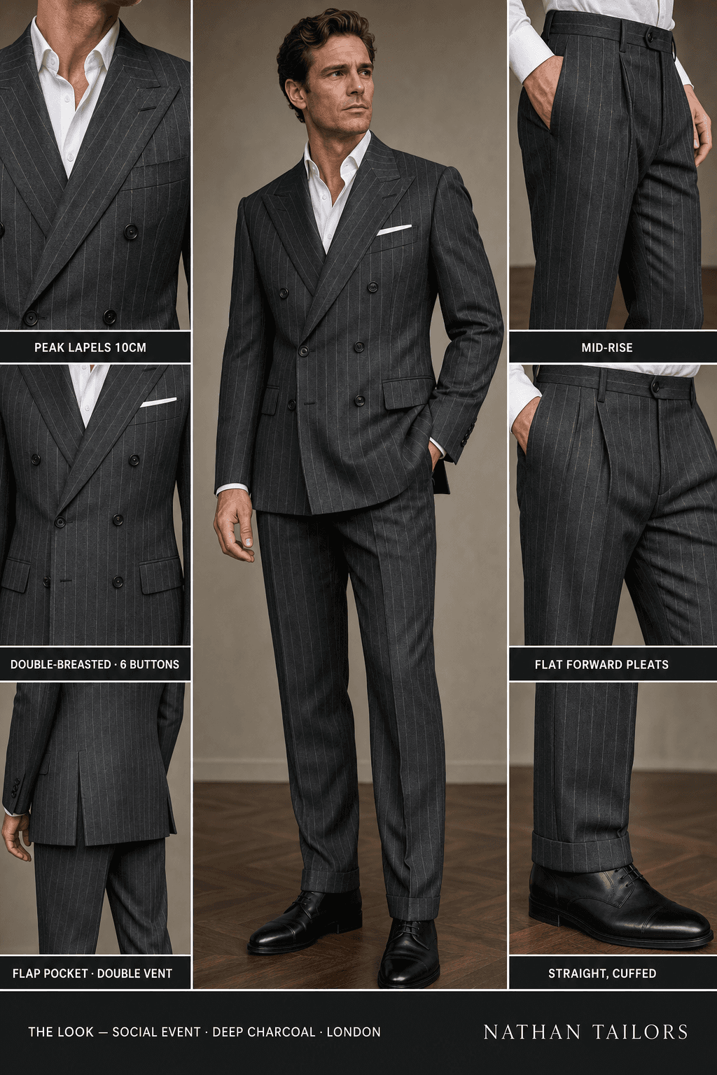 deep charcoal chalk stripe double-breasted peak-lapel online custom suit — designed online at RemoteSuit. Made-to-measure online custom suit available from $109.