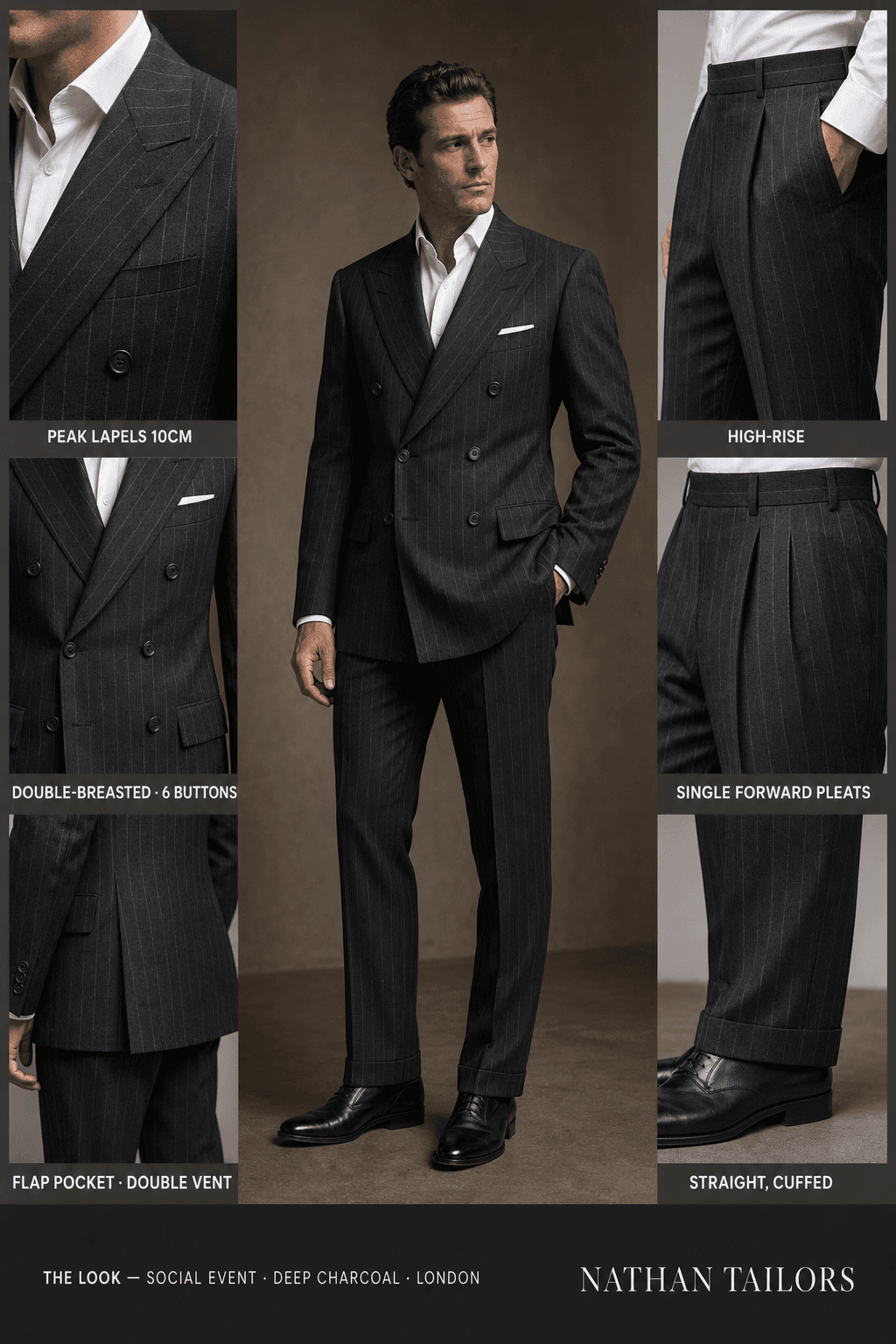 deep charcoal chalk stripe double-breasted peak-lapel online custom suit — designed online at RemoteSuit. Made-to-measure online custom suit available from $109.