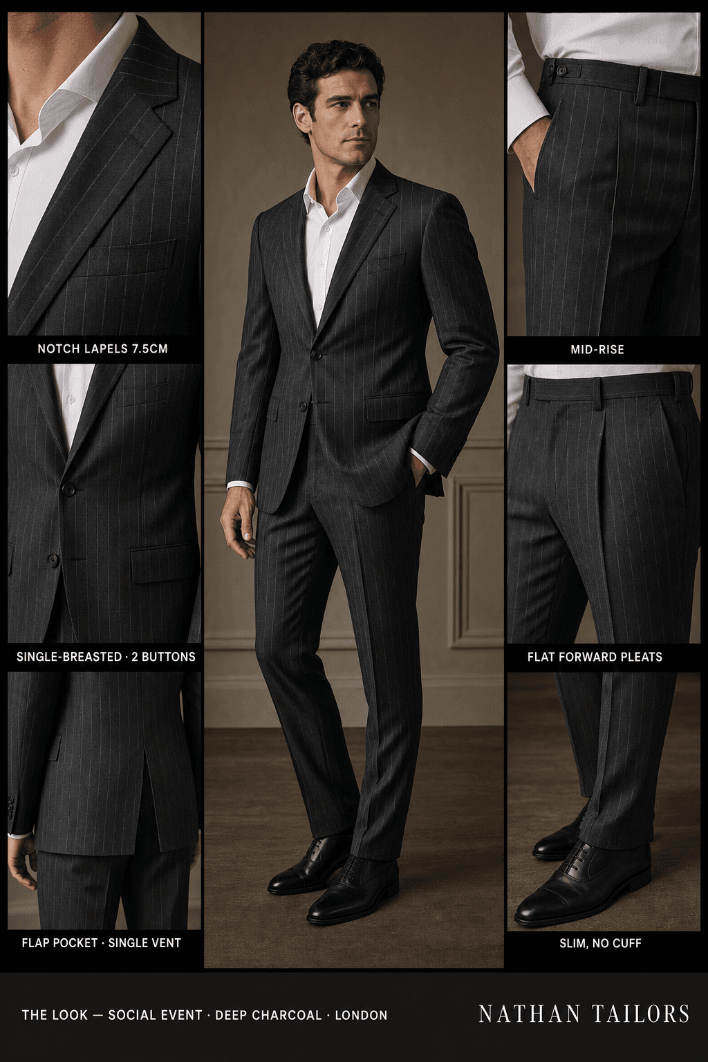 deep charcoal chalk stripe single-breasted notch-lapel online custom suit — designed online at RemoteSuit. Made-to-measure online custom suit available from $109.