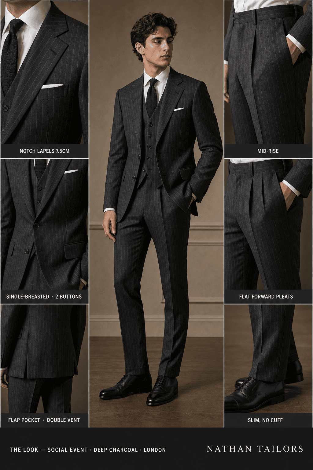 deep charcoal chalk stripe single-breasted notch-lapel online custom suit — designed online at RemoteSuit. Made-to-measure online custom suit available from $109.