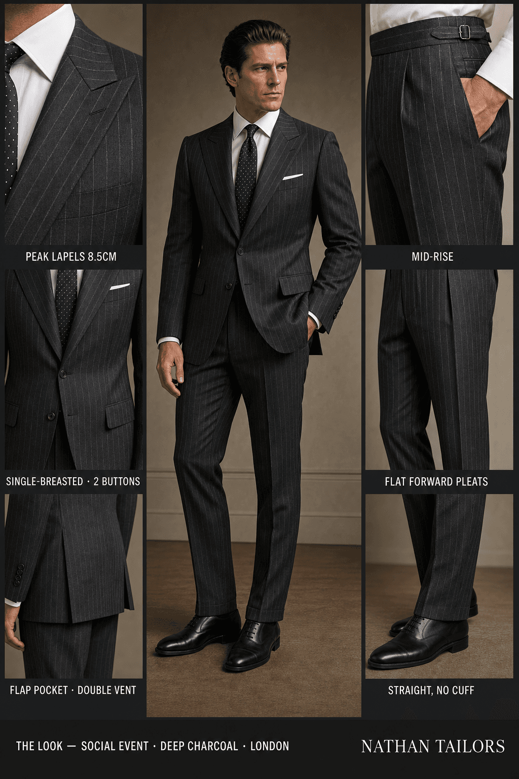 deep charcoal chalk stripe single-breasted peak-lapel online custom suit — designed online at RemoteSuit. Made-to-measure online custom suit available from $109.