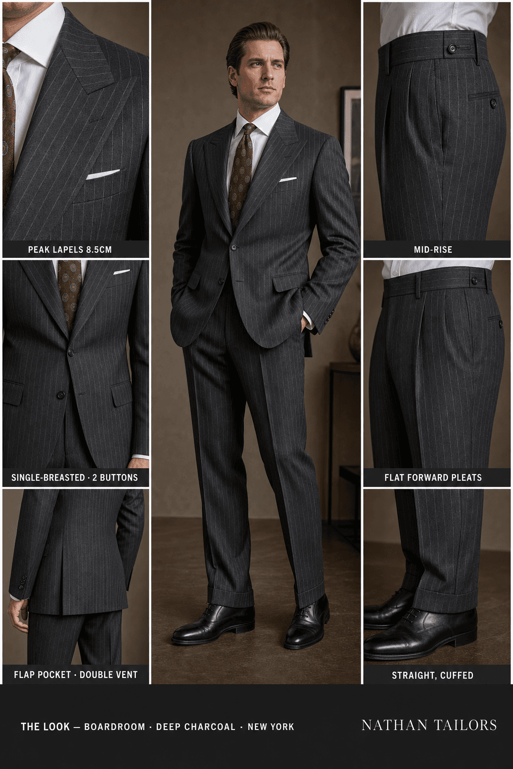 deep charcoal chalk stripe single-breasted peak-lapel online custom suit — designed online at RemoteSuit. Made-to-measure online custom suit available from $109.