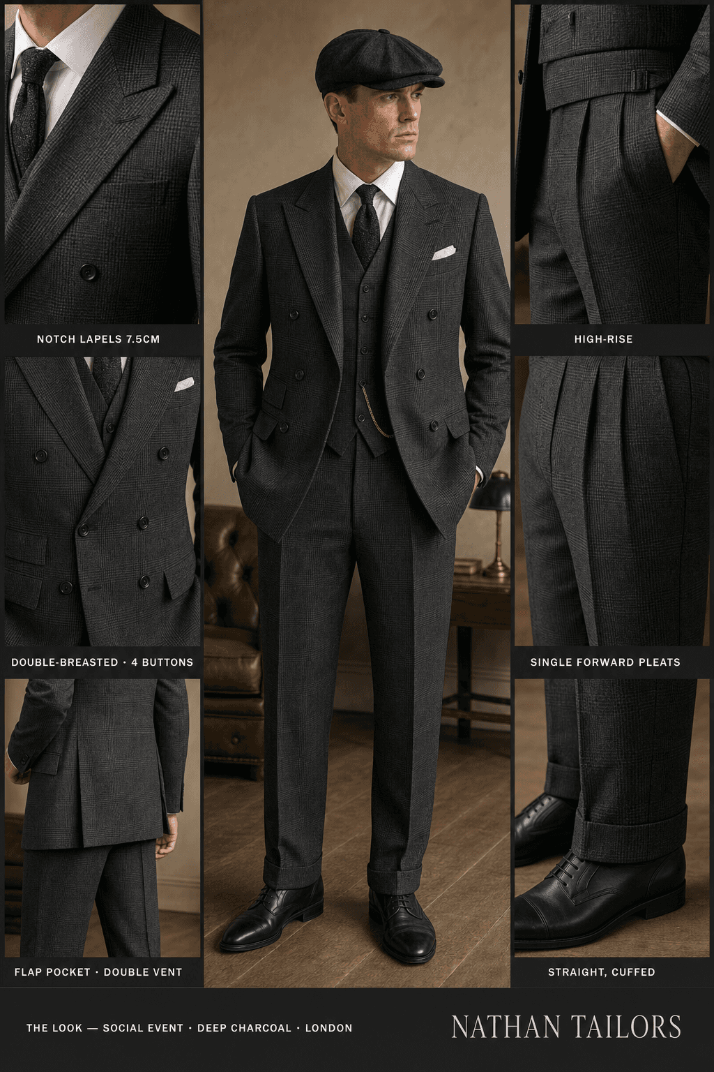 deep charcoal glen plaid double-breasted notch-lapel online custom suit — designed online at RemoteSuit. Made-to-measure online custom suit available from $109.