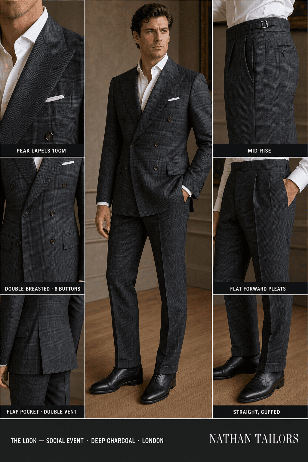 deep charcoal glen plaid double-breasted peak-lapel online custom suit — designed online at RemoteSuit. Made-to-measure online custom suit available from $109.