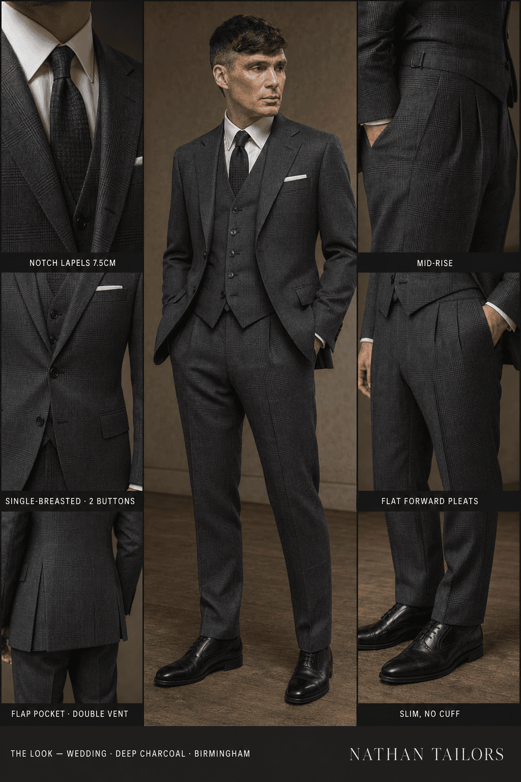 deep charcoal glen plaid single-breasted notch-lapel online custom suit — designed online at RemoteSuit. Made-to-measure online custom suit available from $109.