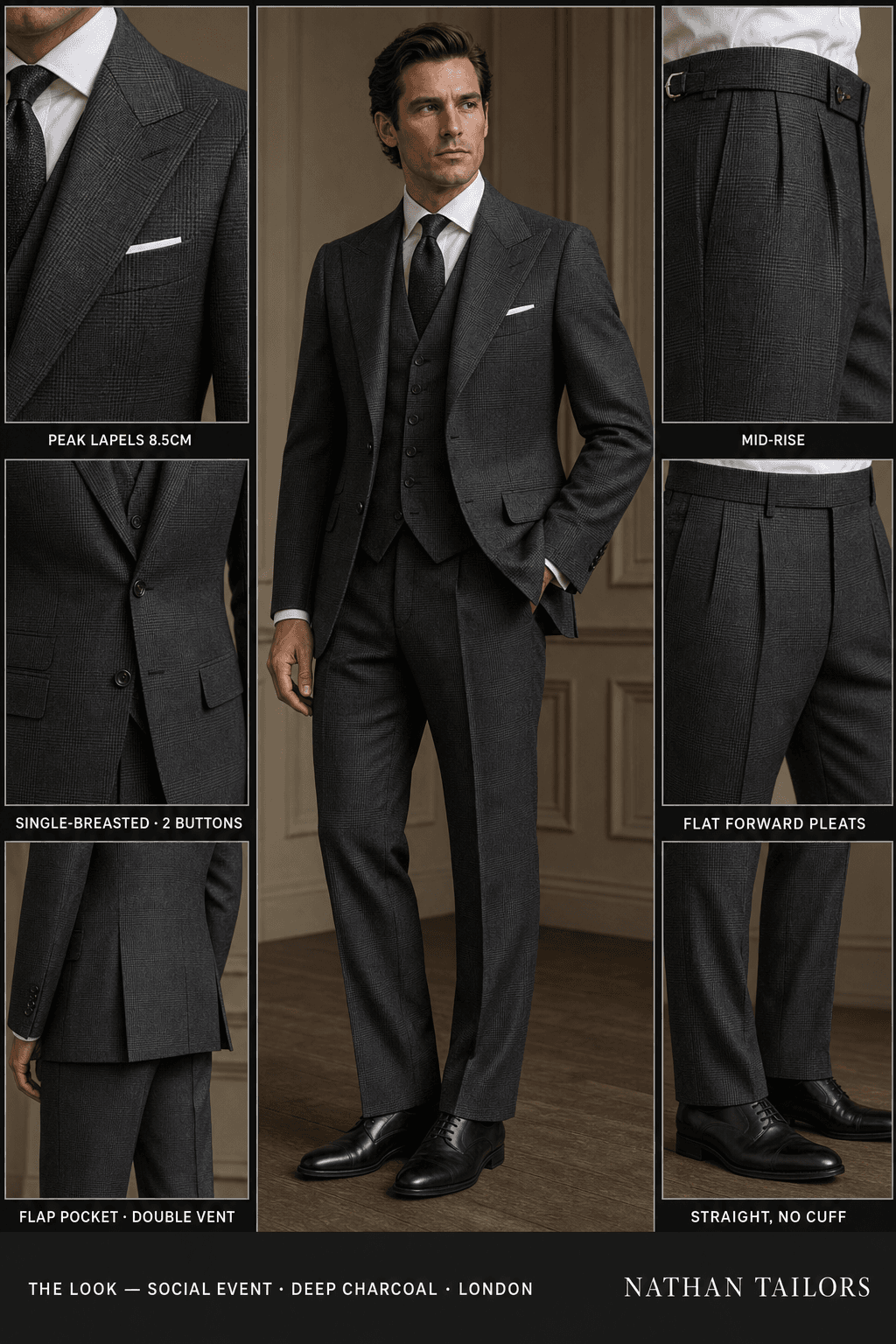 deep charcoal glen plaid single-breasted peak-lapel online custom suit — designed online at RemoteSuit. Made-to-measure online custom suit available from $109.