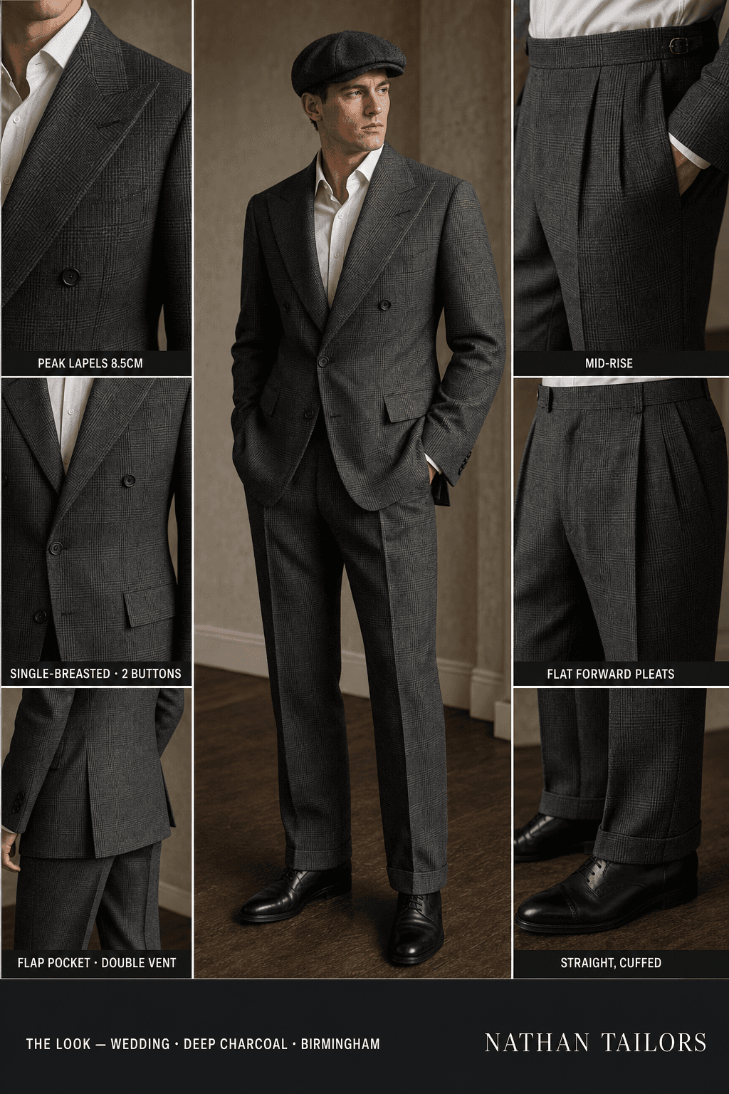 deep charcoal glen plaid single-breasted peak-lapel online custom suit — designed online at RemoteSuit. Made-to-measure online custom suit available from $109.