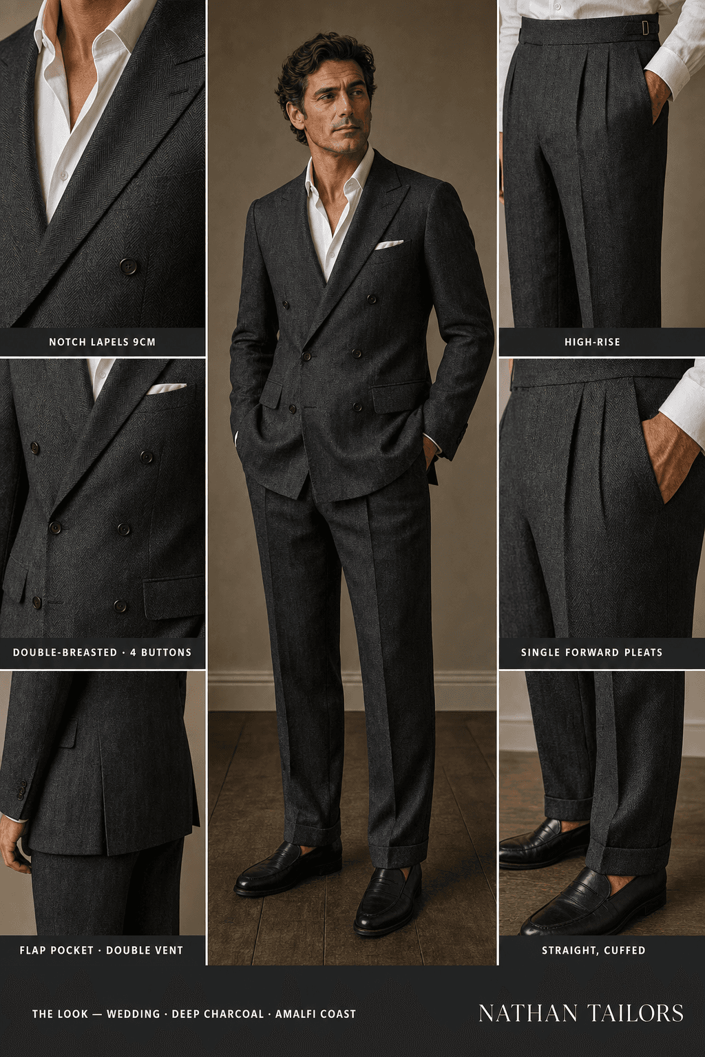 deep charcoal herringbone double-breasted notch-lapel online custom suit — designed online at RemoteSuit. Made-to-measure online custom suit available from $109.