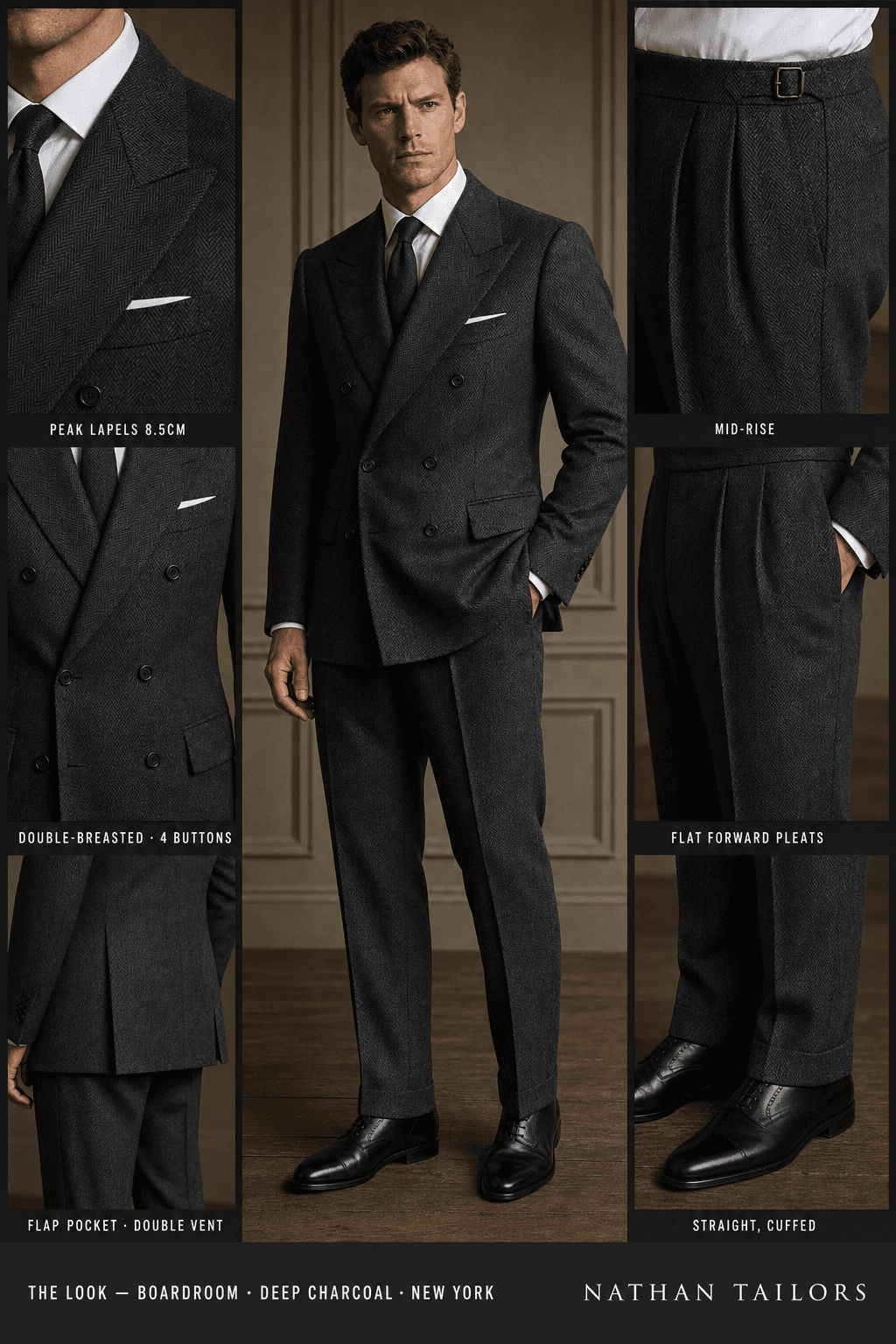 deep charcoal herringbone double-breasted peak-lapel online custom suit — designed online at RemoteSuit. Made-to-measure online custom suit available from $109.