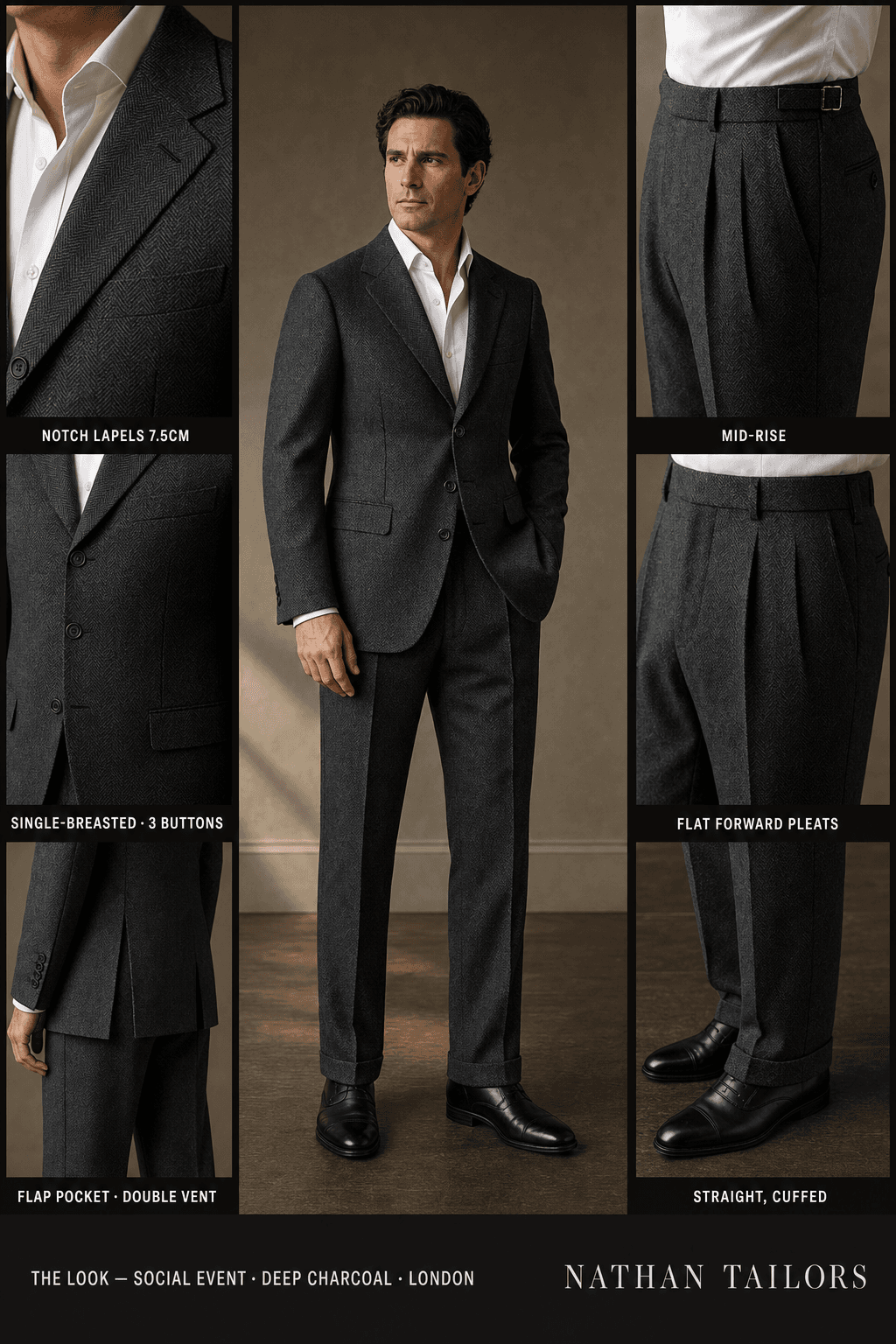 deep charcoal herringbone single-breasted notch-lapel online custom suit — designed online at RemoteSuit. Made-to-measure online custom suit available from $109.