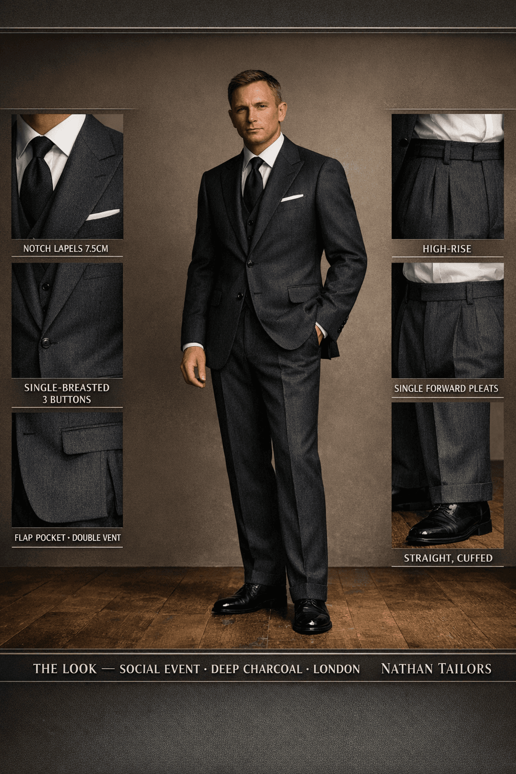 deep charcoal herringbone single-breasted notch-lapel online custom suit — designed online at RemoteSuit. Made-to-measure online custom suit available from $109.
