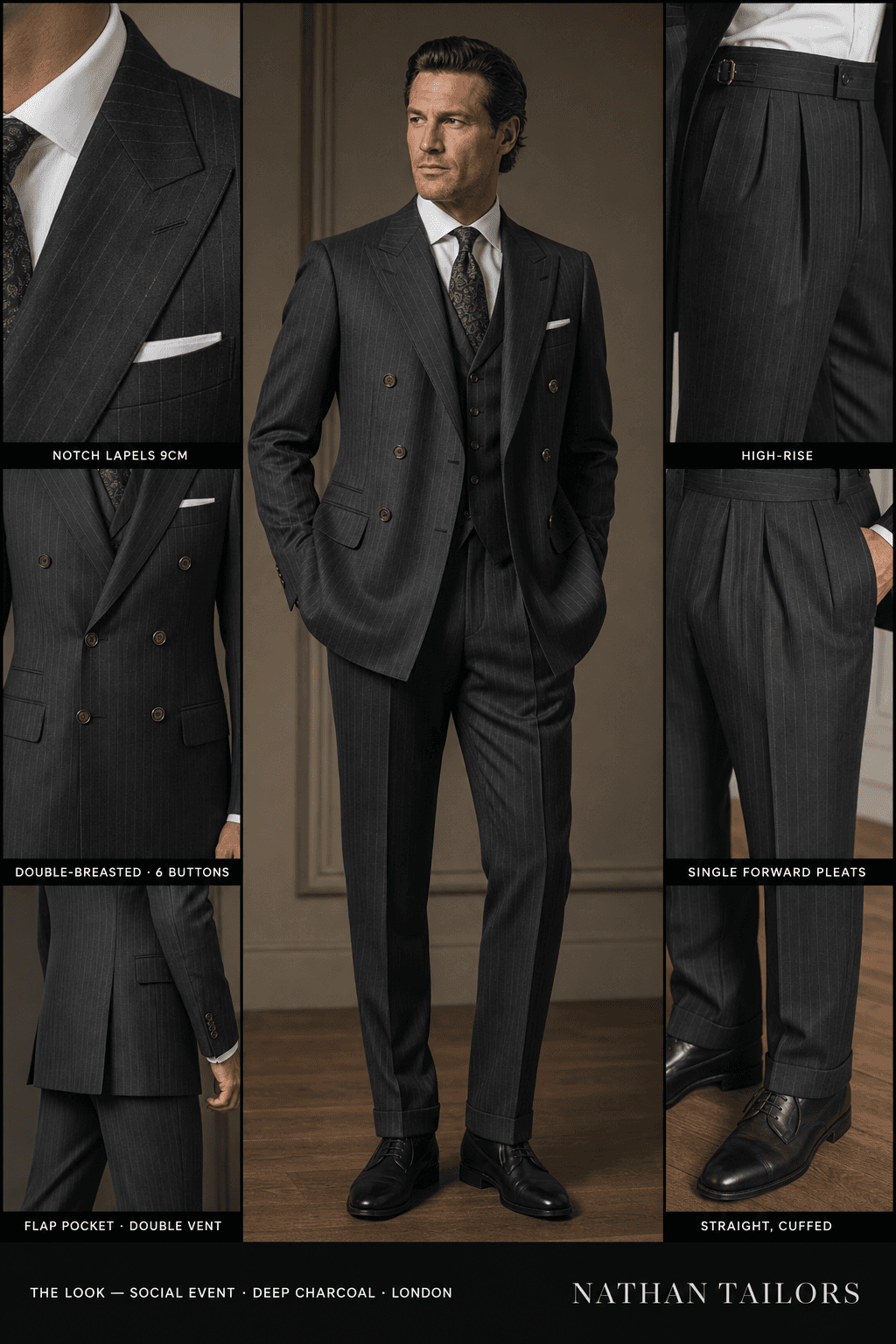 deep charcoal pinstripe double-breasted notch-lapel online custom suit — designed online at RemoteSuit. Made-to-measure online custom suit available from $129.