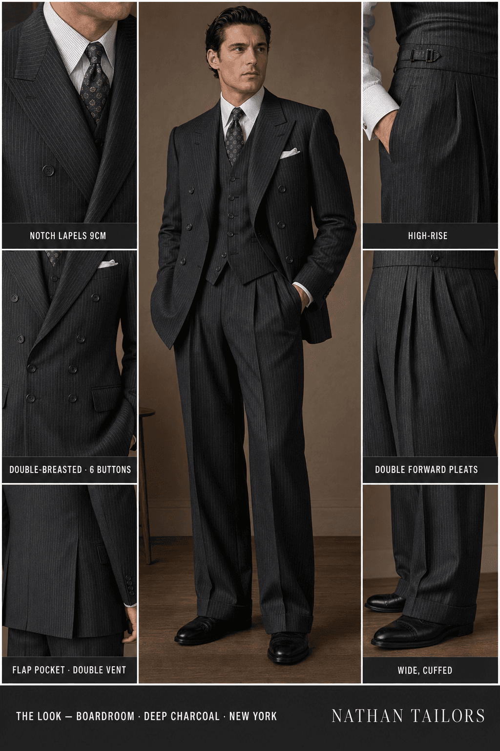 deep charcoal pinstripe double-breasted notch-lapel online custom suit — designed online at RemoteSuit. Made-to-measure online custom suit available from $109.