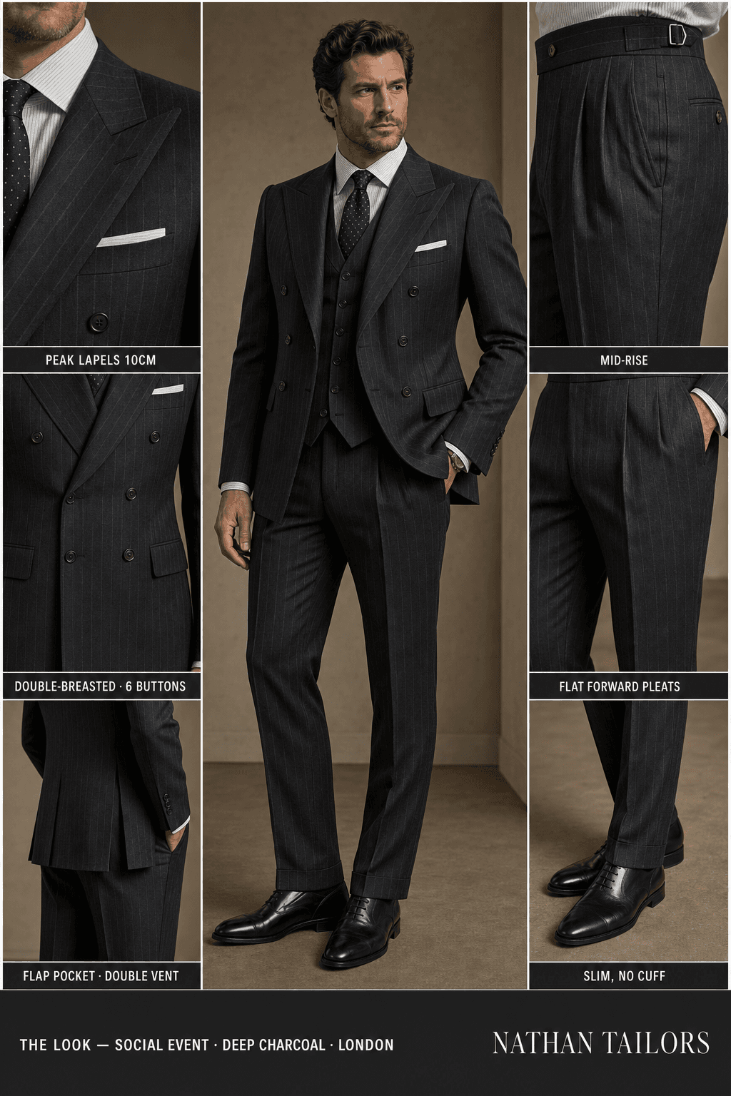 deep charcoal pinstripe double-breasted peak-lapel online custom suit — designed online at RemoteSuit. Made-to-measure online custom suit available from $109.