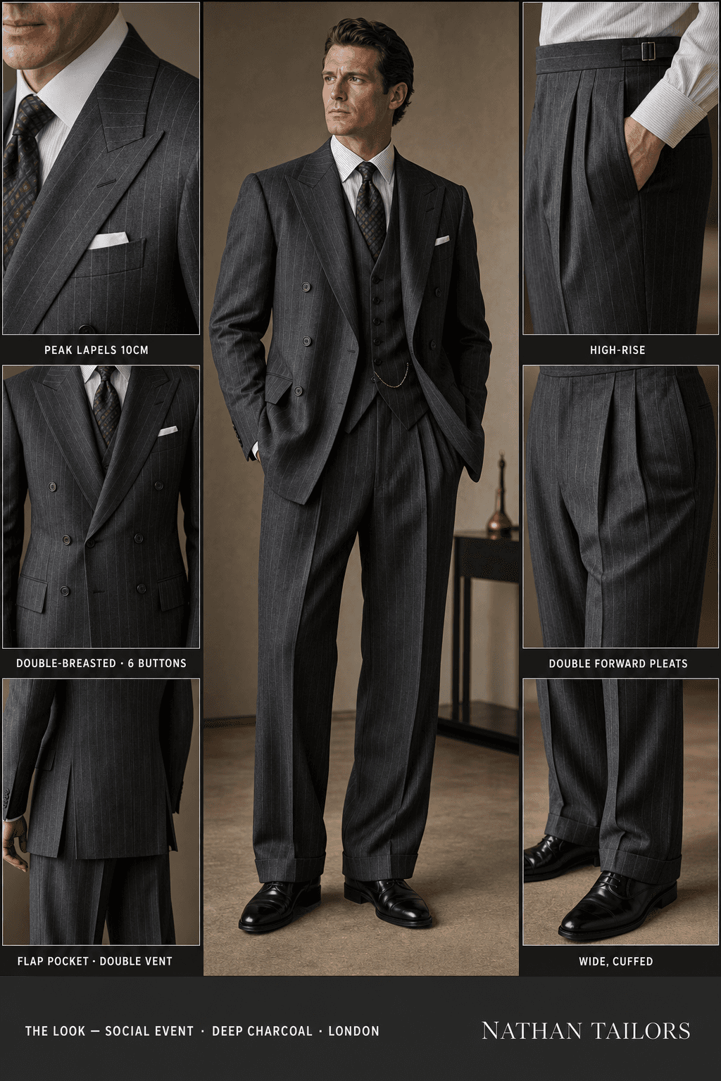 deep charcoal pinstripe double-breasted peak-lapel online custom suit — designed online at RemoteSuit. Made-to-measure online custom suit available from $109.
