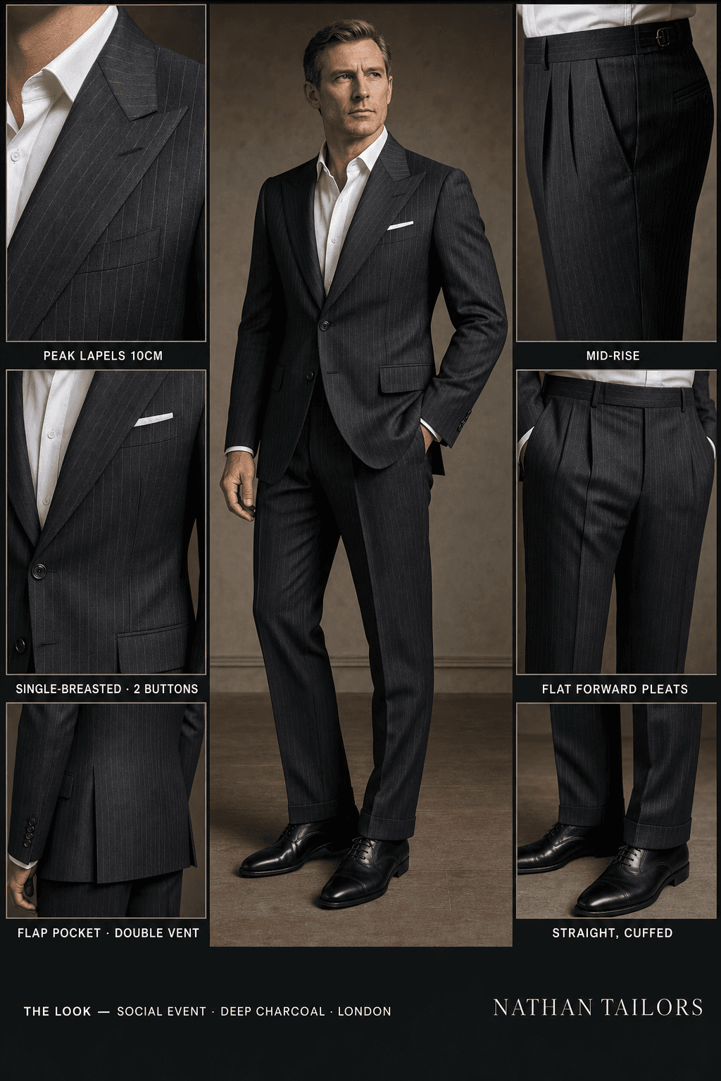 deep charcoal pinstripe single-breasted peak-lapel online custom suit — designed online at RemoteSuit. Made-to-measure online custom suit available from $109.