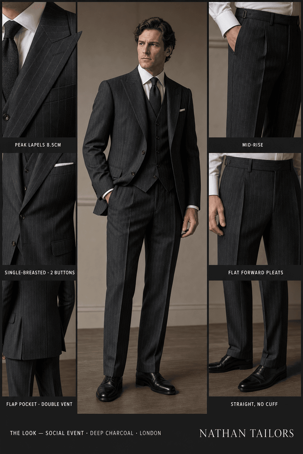 deep charcoal pinstripe single-breasted peak-lapel online custom suit — designed online at RemoteSuit. Made-to-measure online custom suit available from $109.