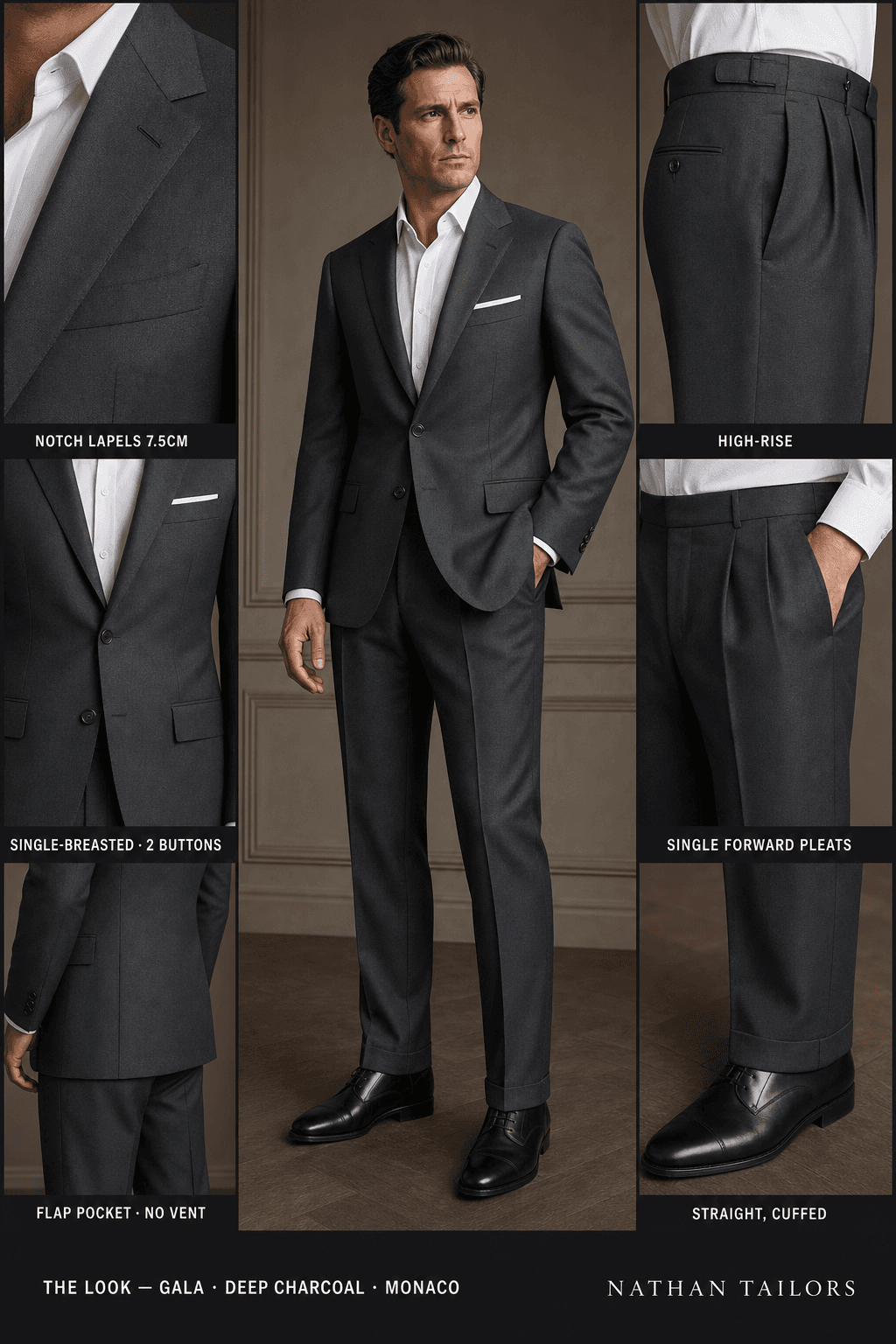 deep charcoal single-breasted notch-lapel online custom suit — designed online at RemoteSuit. Made-to-measure online custom suit available from $109.