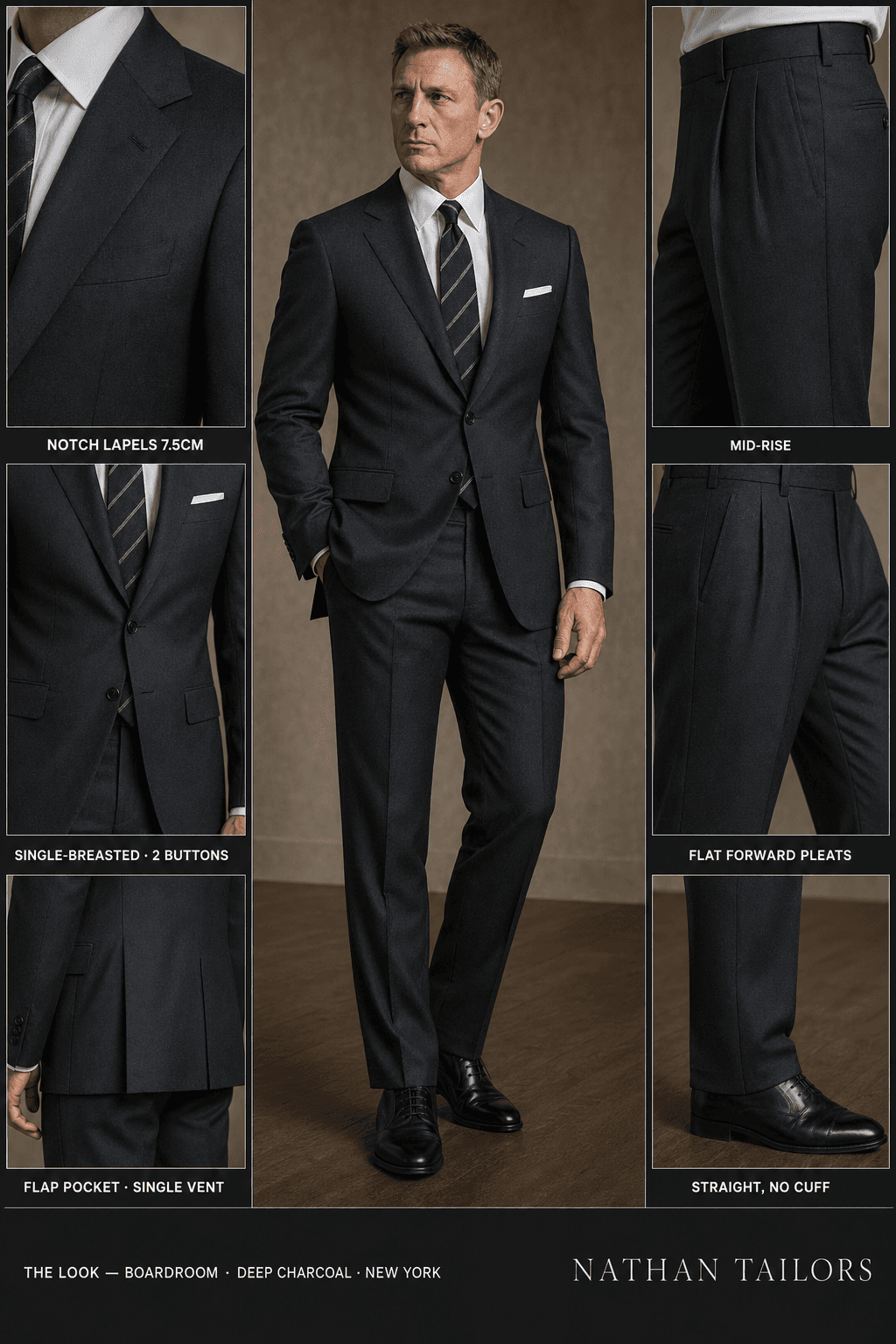deep charcoal single-breasted notch-lapel online custom suit — designed online at RemoteSuit. Made-to-measure online custom suit available from $109.
