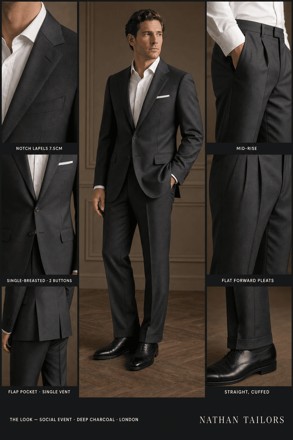 deep charcoal single-breasted notch-lapel online custom suit — designed online at RemoteSuit. Made-to-measure online custom suit available from $109.