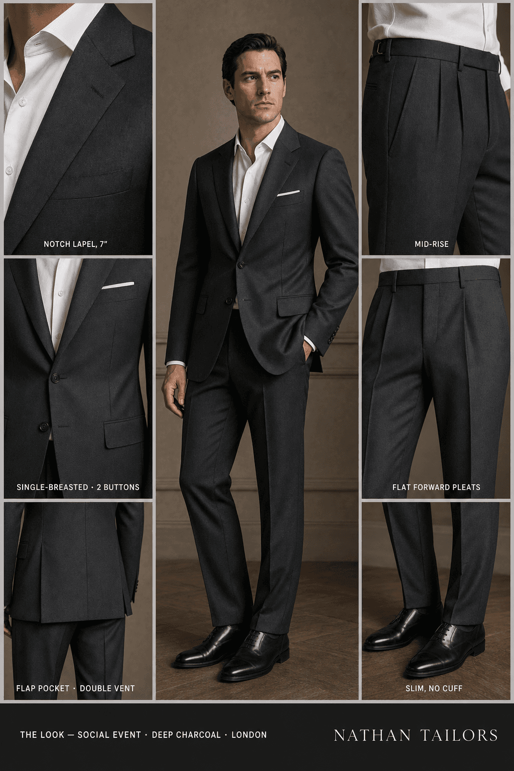 deep charcoal single-breasted notch-lapel online custom suit — designed online at RemoteSuit. Made-to-measure online custom suit available from $109.