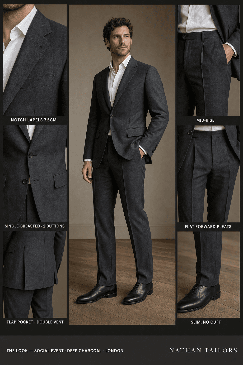 deep charcoal single-breasted notch-lapel online custom suit — designed online at RemoteSuit. Made-to-measure online custom suit available from $109.