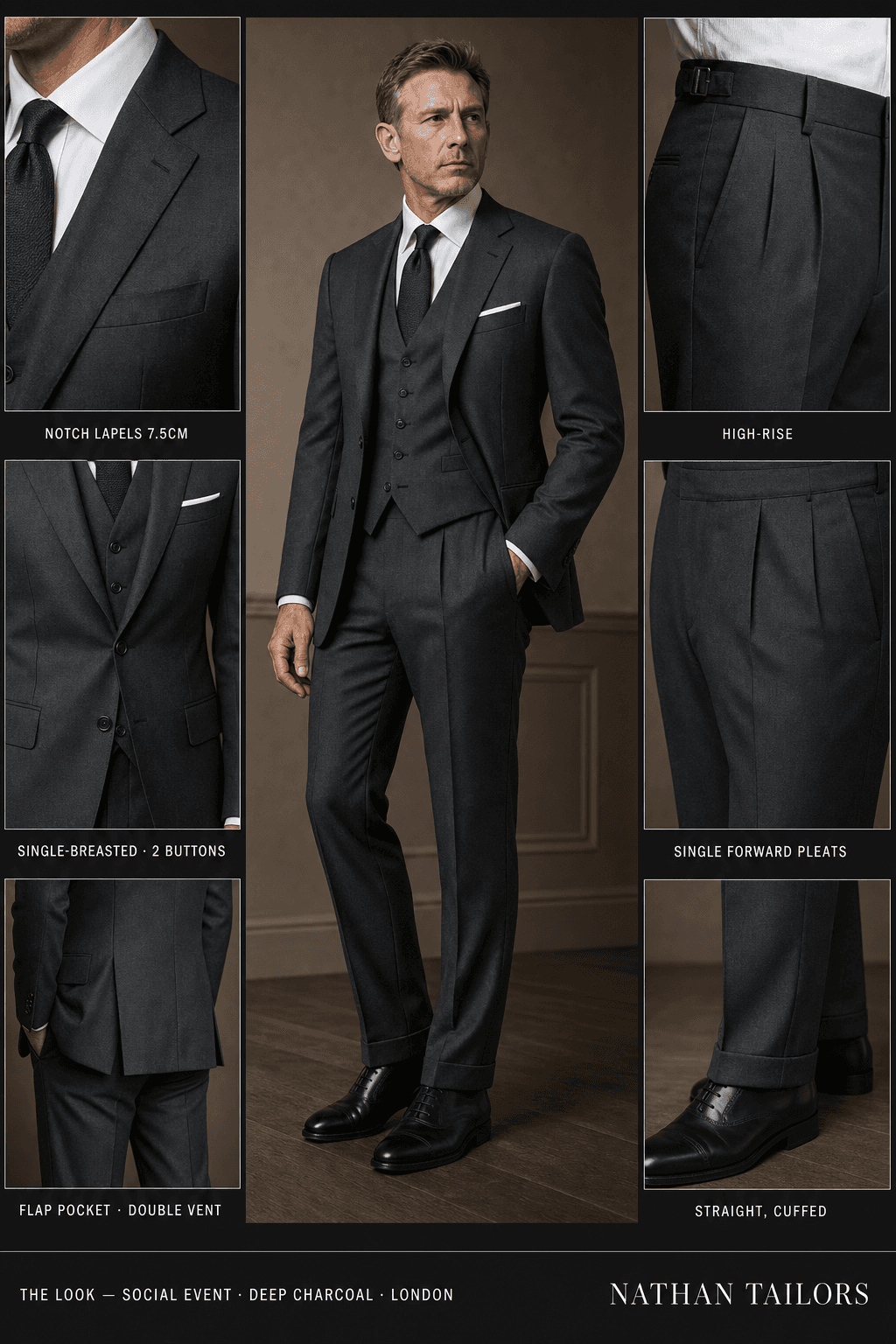 deep charcoal single-breasted notch-lapel online custom suit — designed online at RemoteSuit. Made-to-measure online custom suit available from $109.