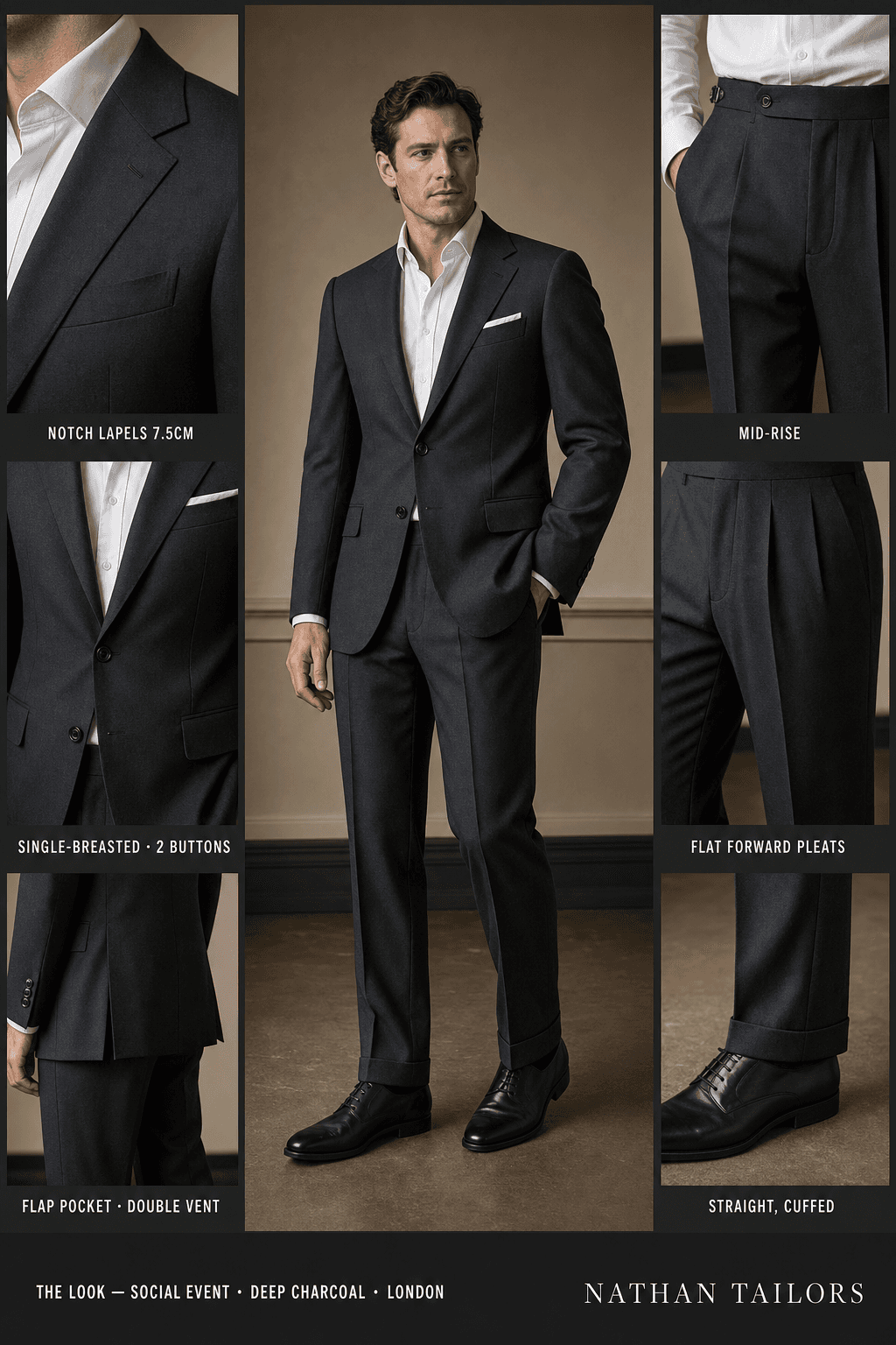deep charcoal single-breasted notch-lapel online custom suit — designed online at RemoteSuit. Made-to-measure online custom suit available from $109.