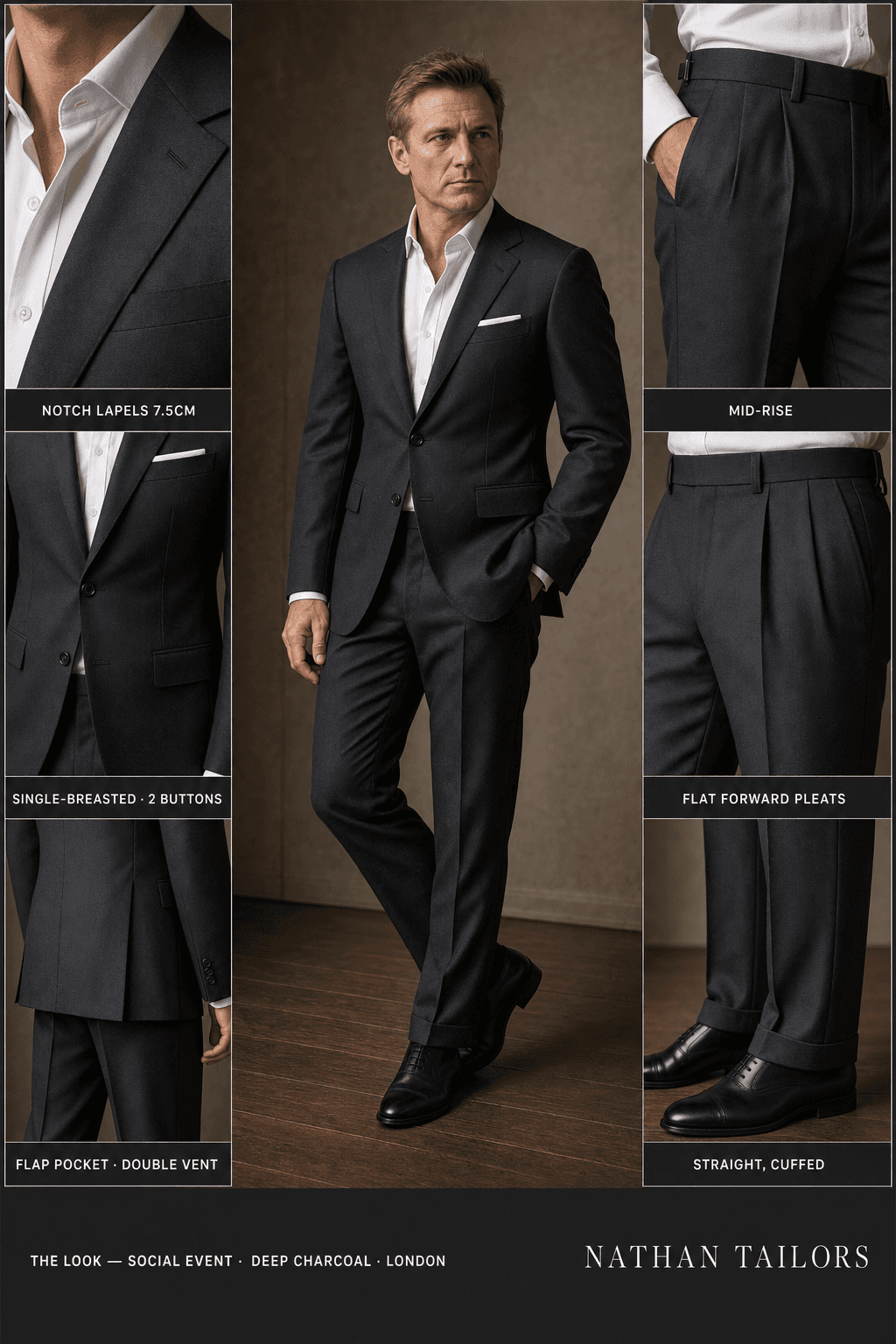 deep charcoal single-breasted notch-lapel online custom suit — designed online at RemoteSuit. Made-to-measure online custom suit available from $109.