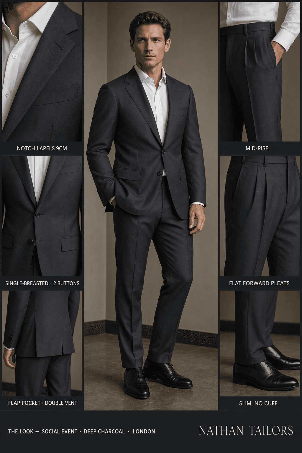 deep charcoal single-breasted notch-lapel online custom suit — designed online at RemoteSuit. Made-to-measure online custom suit available from $109.