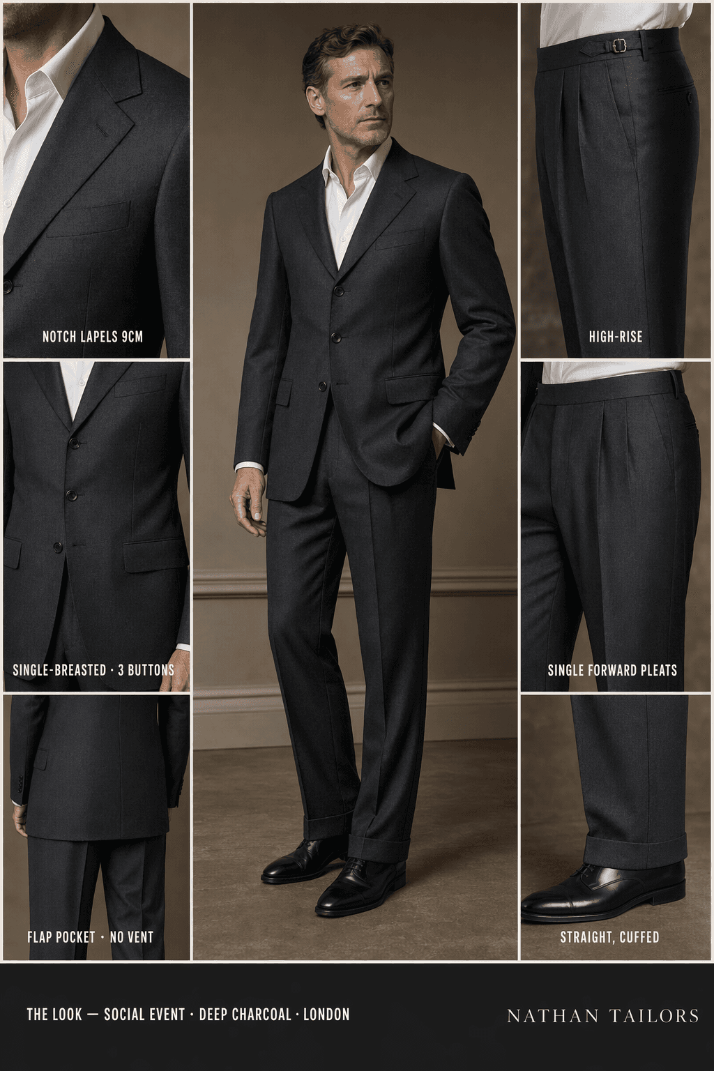 deep charcoal single-breasted notch-lapel online custom suit — designed online at RemoteSuit. Made-to-measure online custom suit available from $109.