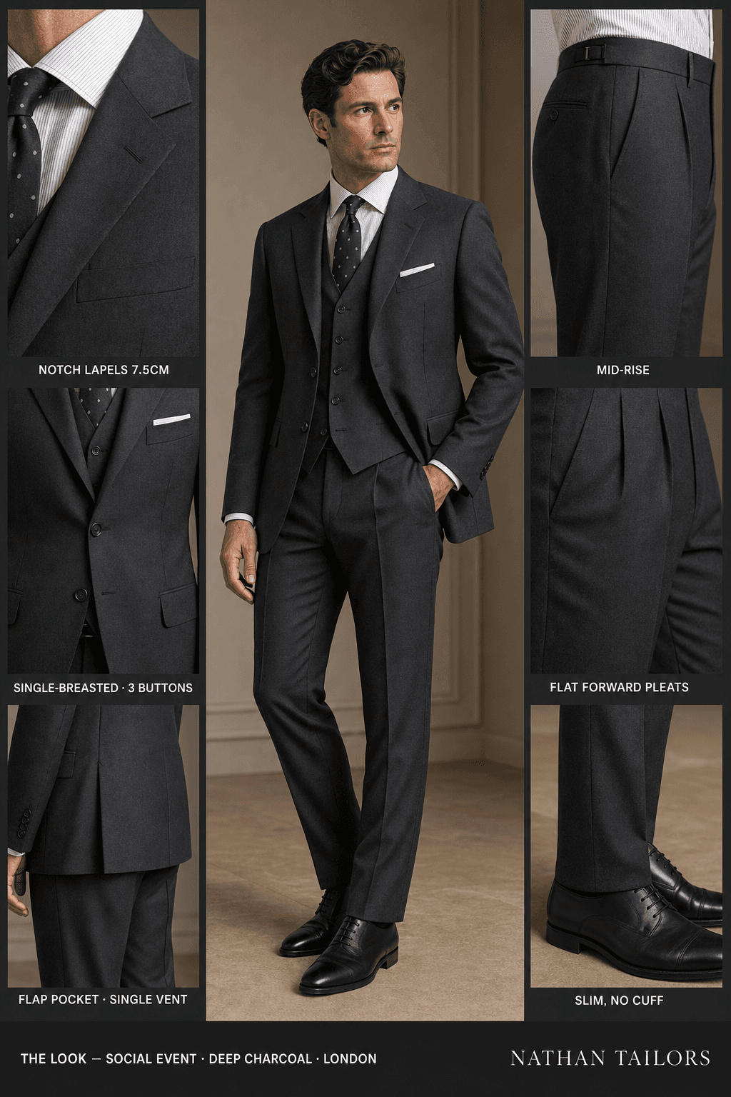deep charcoal single-breasted notch-lapel online custom suit — designed online at RemoteSuit. Made-to-measure online custom suit available from $109.