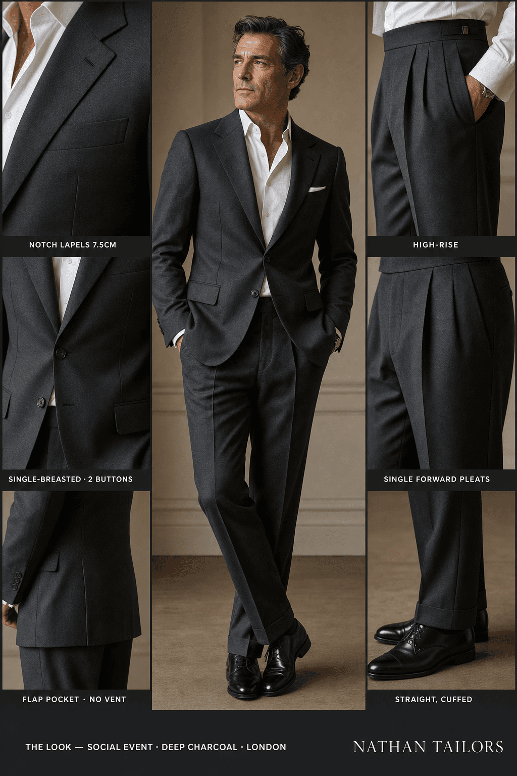 deep charcoal single-breasted notch-lapel online custom suit — designed online at RemoteSuit. Made-to-measure online custom suit available from $109.