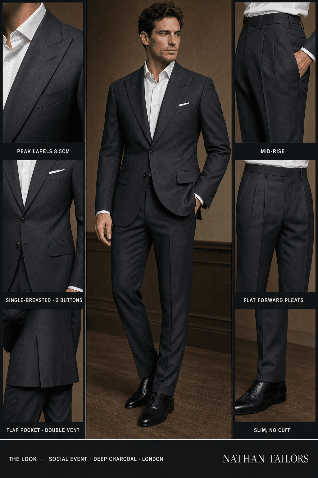 deep charcoal single-breasted peak-lapel online custom suit — designed online at RemoteSuit. Made-to-measure online custom suit available from $109.