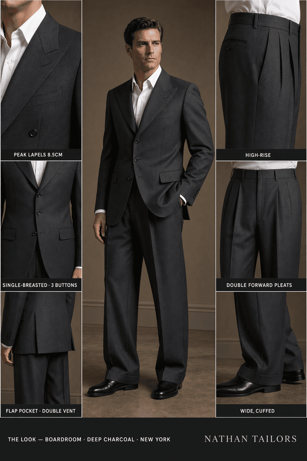 deep charcoal single-breasted peak-lapel online custom suit — designed online at RemoteSuit. Made-to-measure online custom suit available from $109.