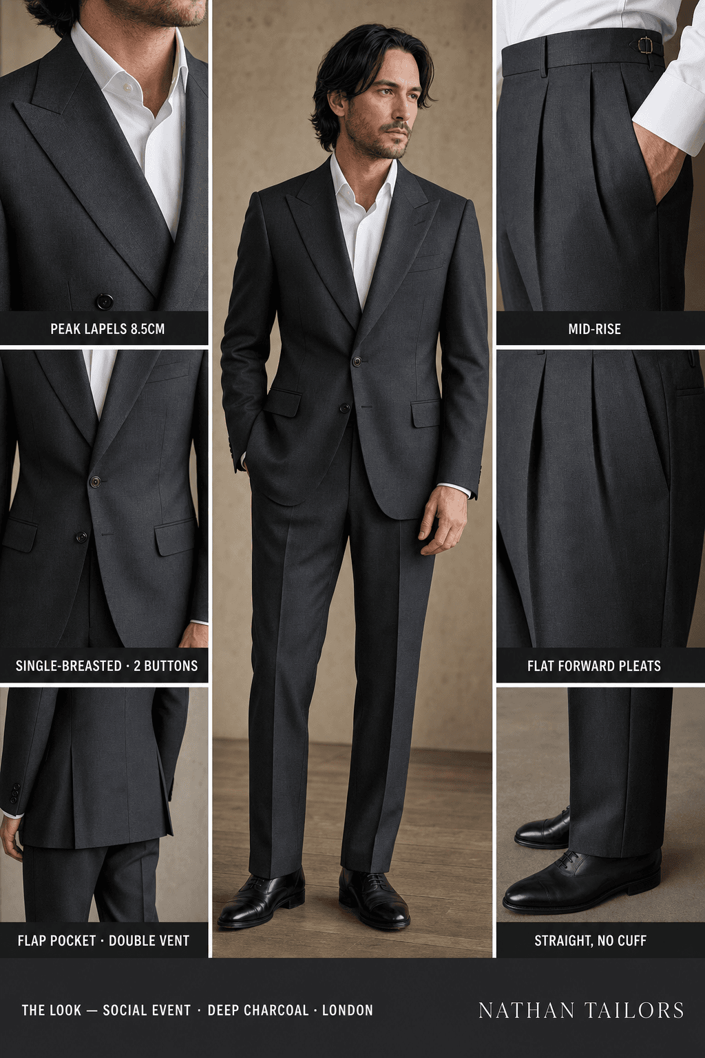 deep charcoal single-breasted peak-lapel online custom suit — designed online at RemoteSuit. Made-to-measure online custom suit available from $109.