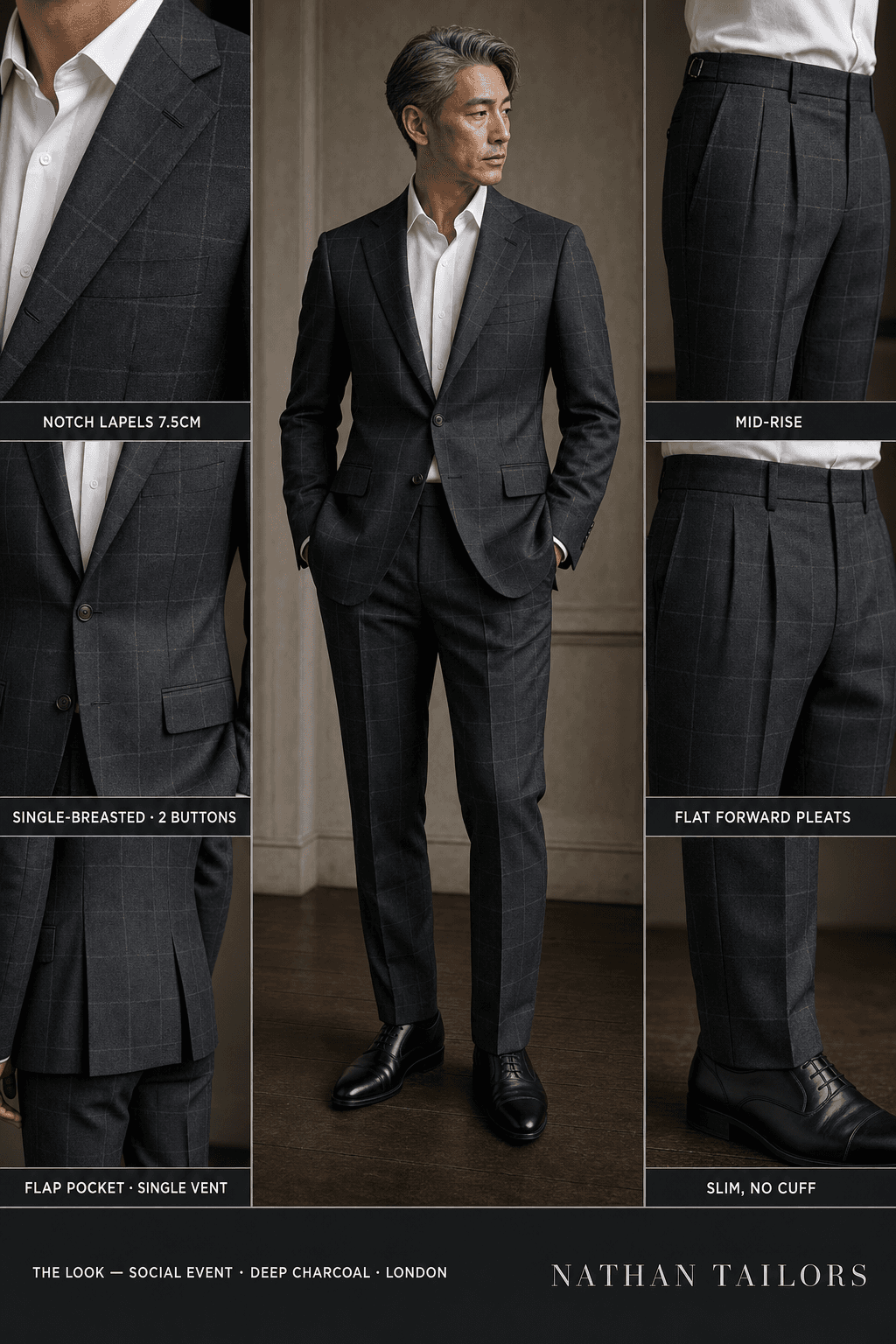 deep charcoal windowpane single-breasted notch-lapel online custom suit — designed online at RemoteSuit. Made-to-measure online custom suit available from $109.