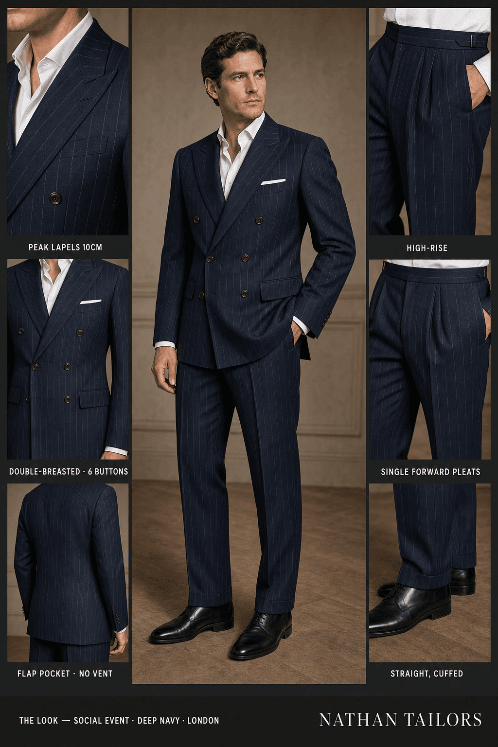 deep navy chalk stripe double-breasted peak-lapel online custom suit — designed online at RemoteSuit. Made-to-measure online custom suit available from $109.
