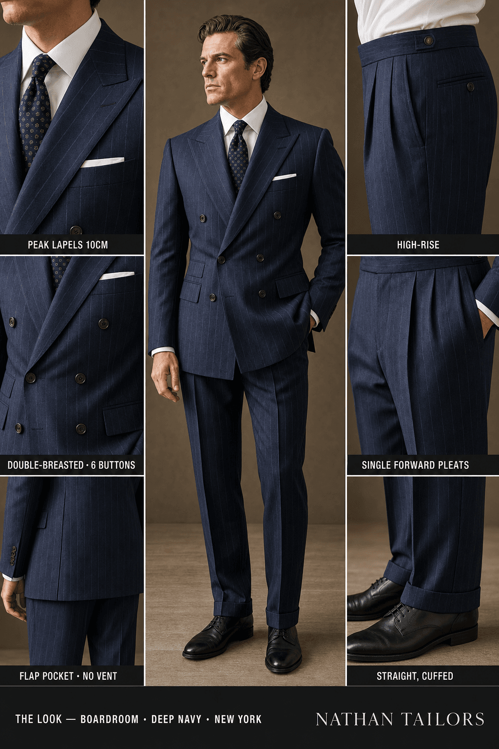 deep navy chalk stripe double-breasted peak-lapel online custom suit — designed online at RemoteSuit. Made-to-measure online custom suit available from $109.