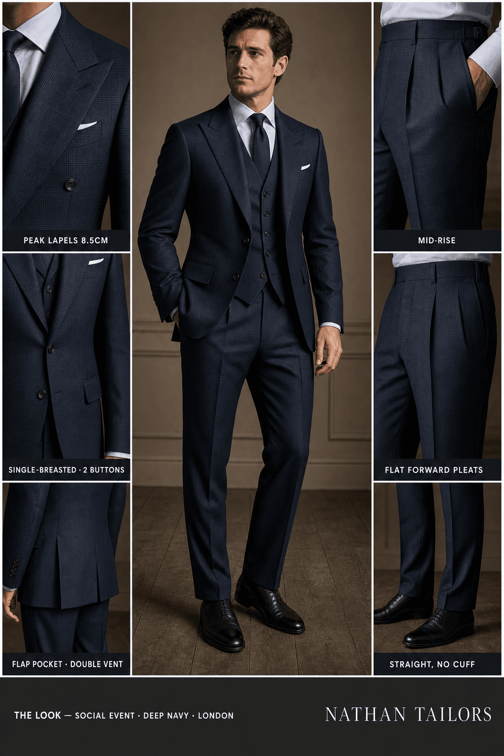 deep navy glen plaid single-breasted peak-lapel online custom suit — designed online at RemoteSuit. Made-to-measure online custom suit available from $109.