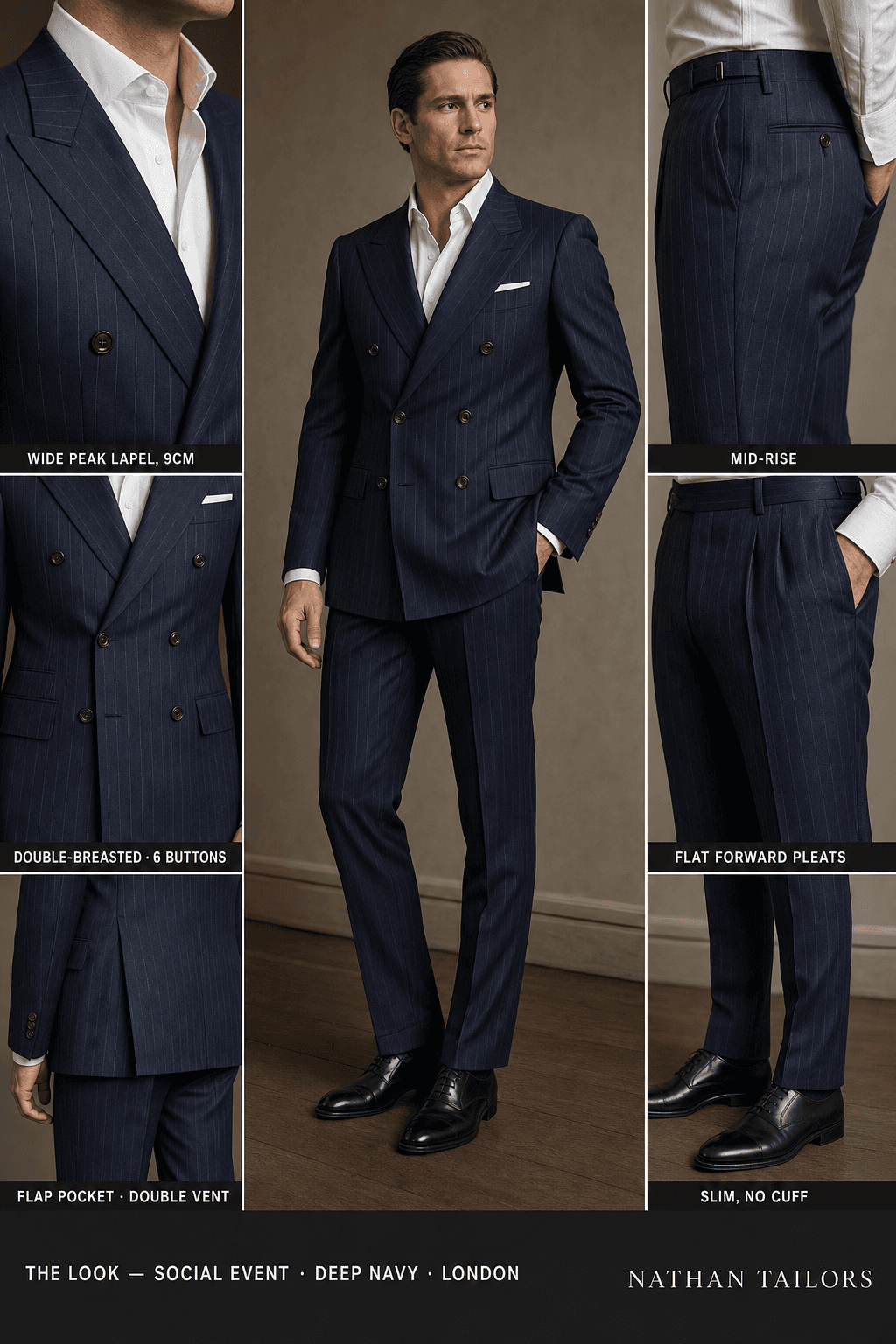 deep navy pinstripe double-breasted notch-lapel online custom suit — designed online at RemoteSuit. Made-to-measure online custom suit available from $109.