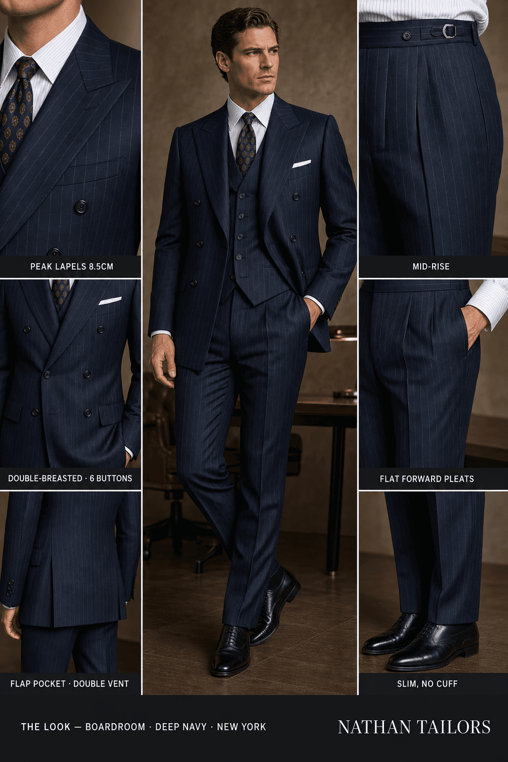 deep navy pinstripe double-breasted peak-lapel online custom suit — designed online at RemoteSuit. Made-to-measure online custom suit available from $109.
