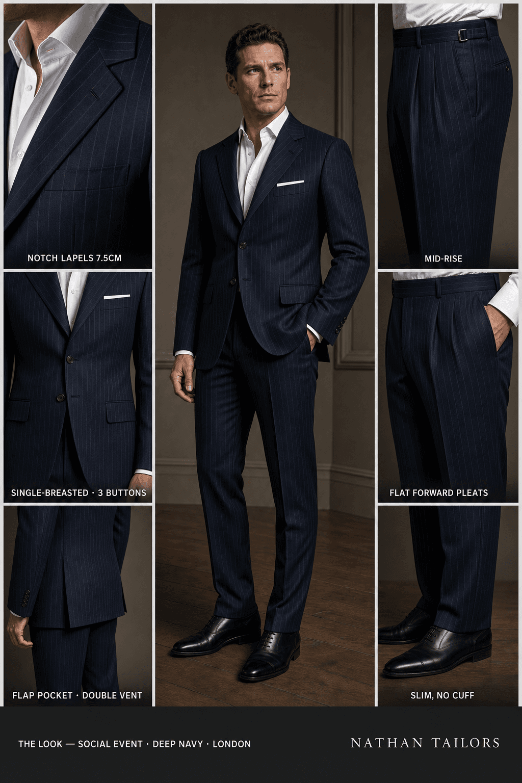 deep navy pinstripe single-breasted notch-lapel online custom suit — designed online at RemoteSuit. Made-to-measure online custom suit available from $109.
